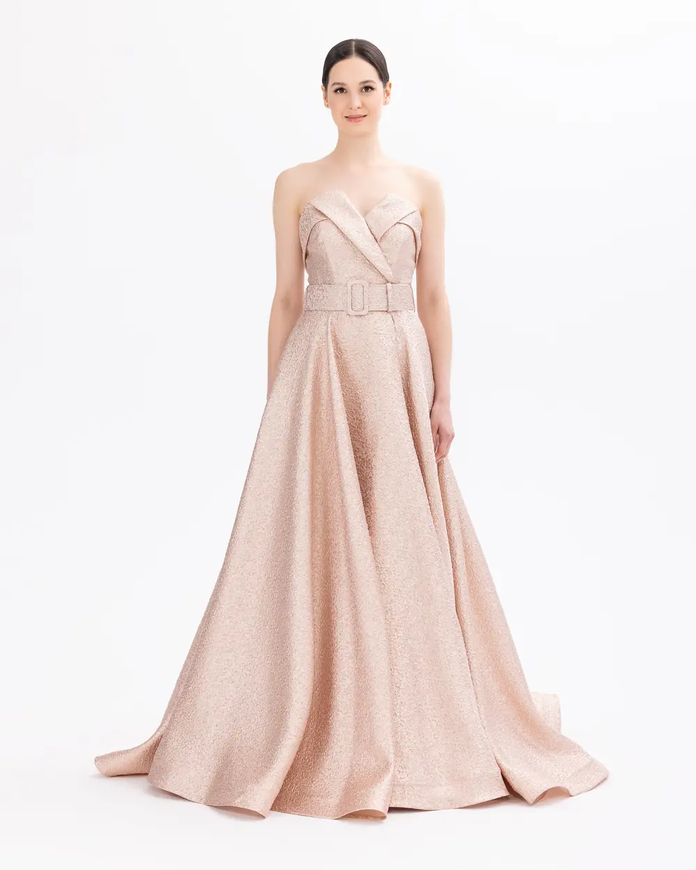 Strapless Belted Jacquard Evening Dress