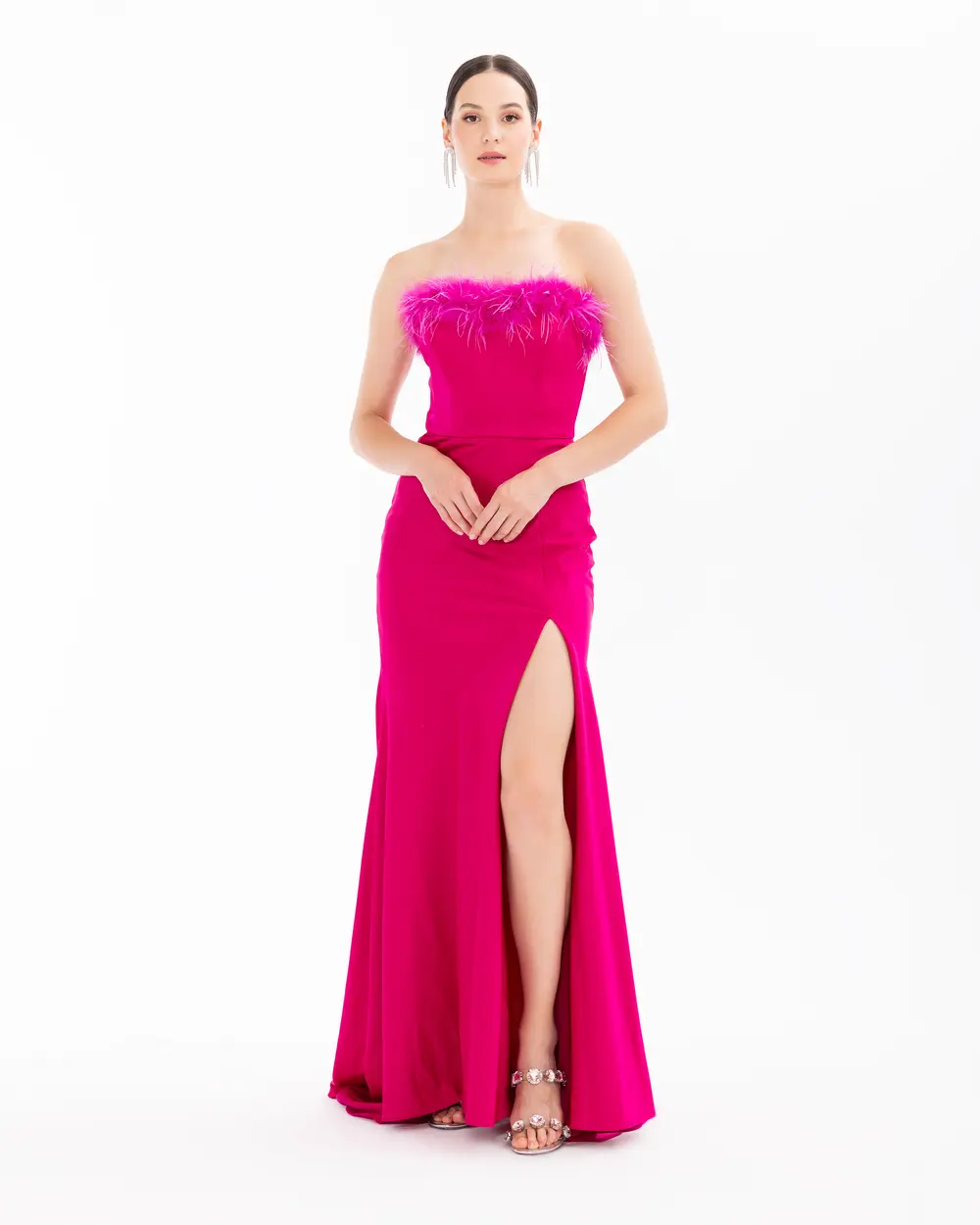 Strapless Feather Detailed Evening Dress