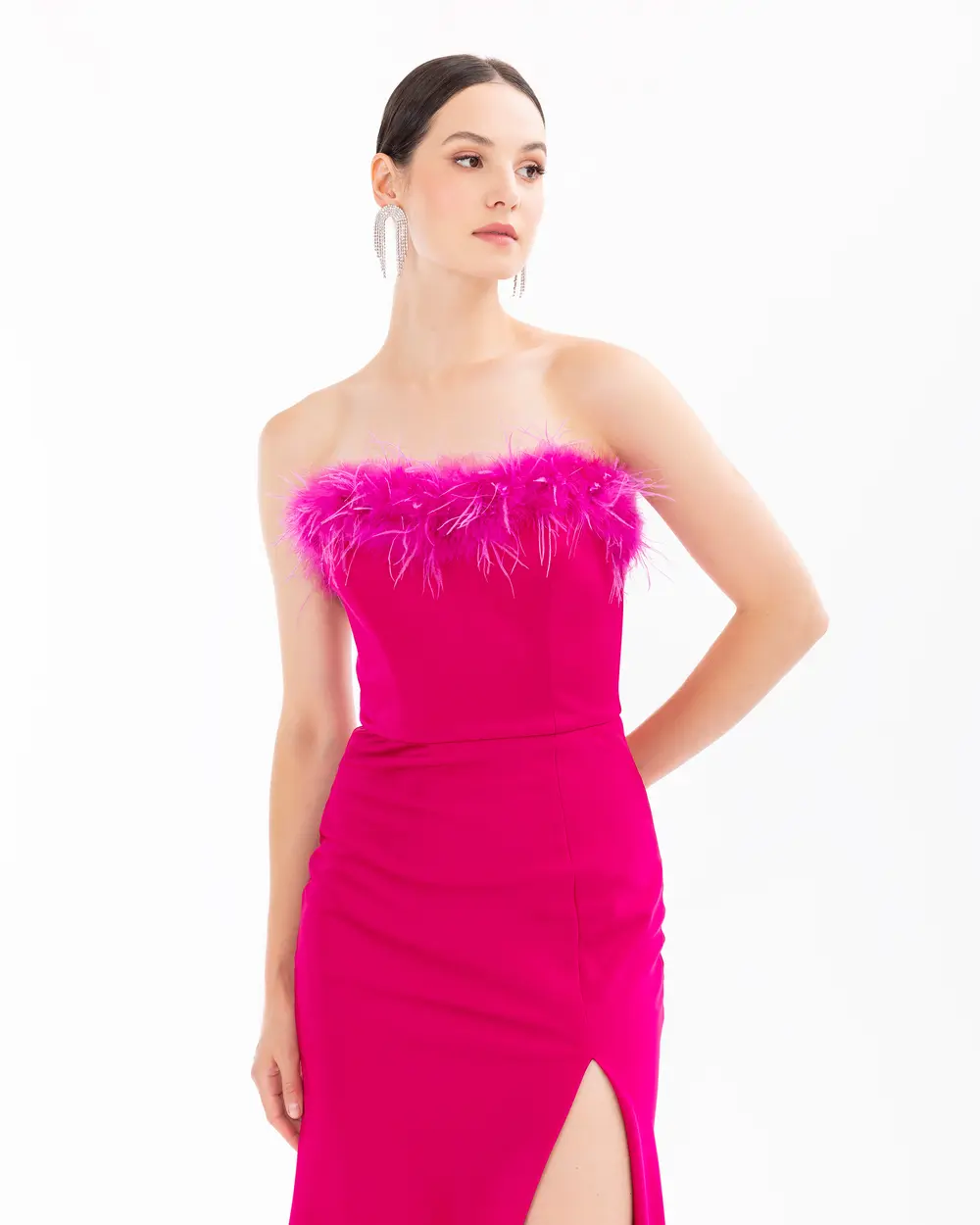 Strapless Feather Detailed Evening Dress