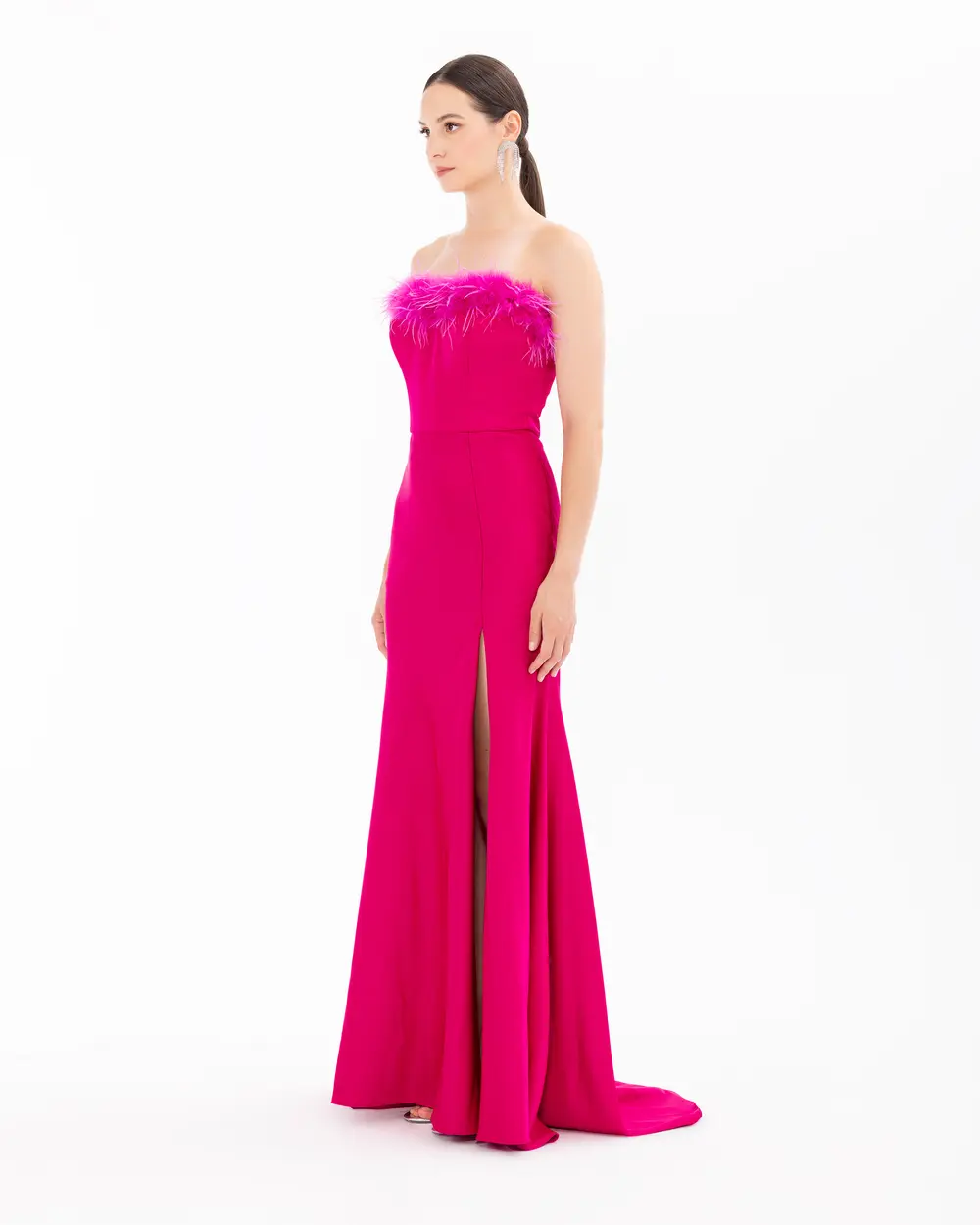 Strapless Feather Detailed Evening Dress