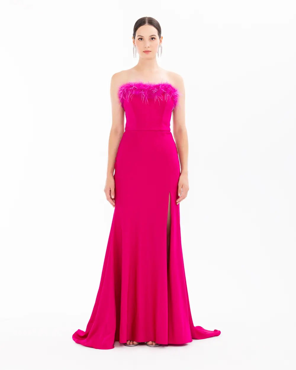 Strapless Feather Detailed Evening Dress