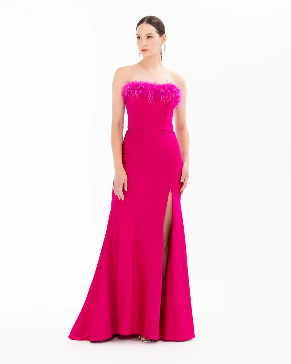 Strapless Feather Detailed Evening Dress