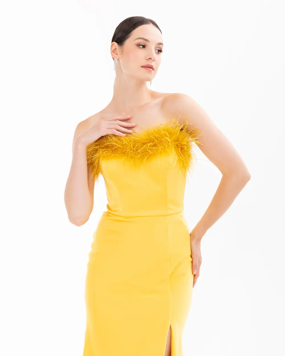 Strapless Feather Detailed Evening Dress