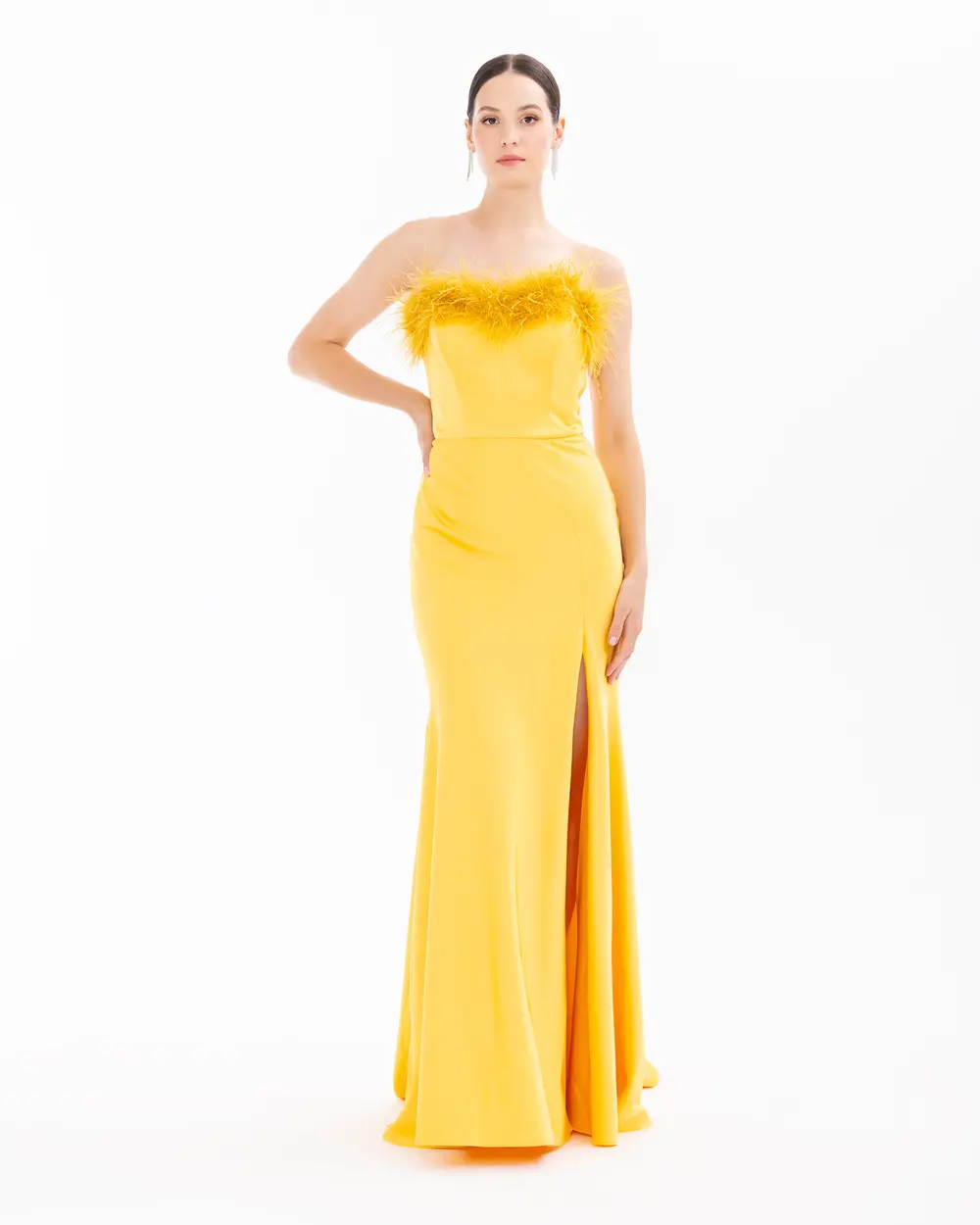 Strapless Feather Detailed Evening Dress