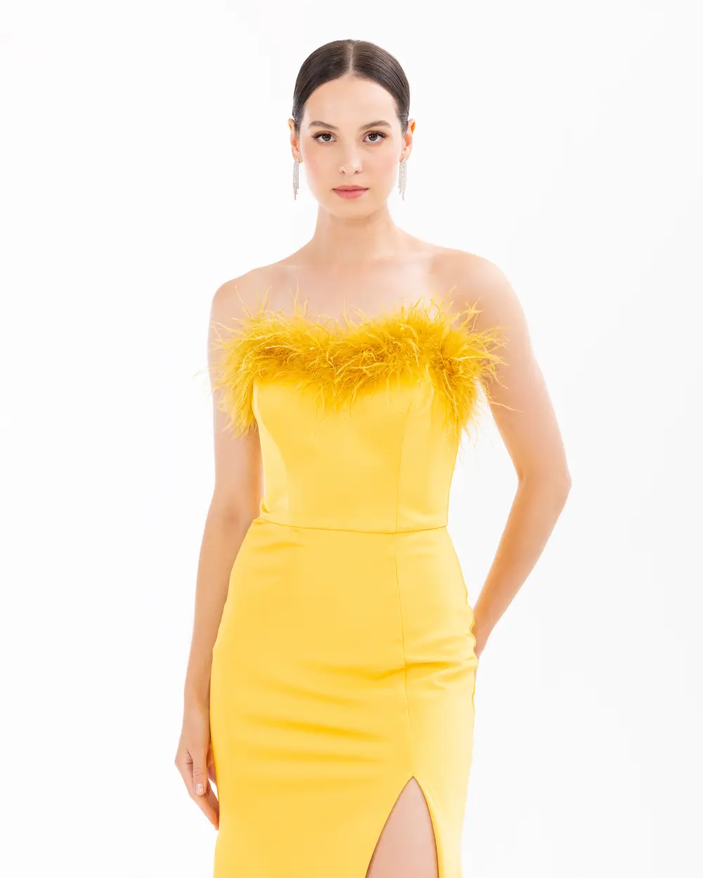 Strapless Feather Detailed Evening Dress