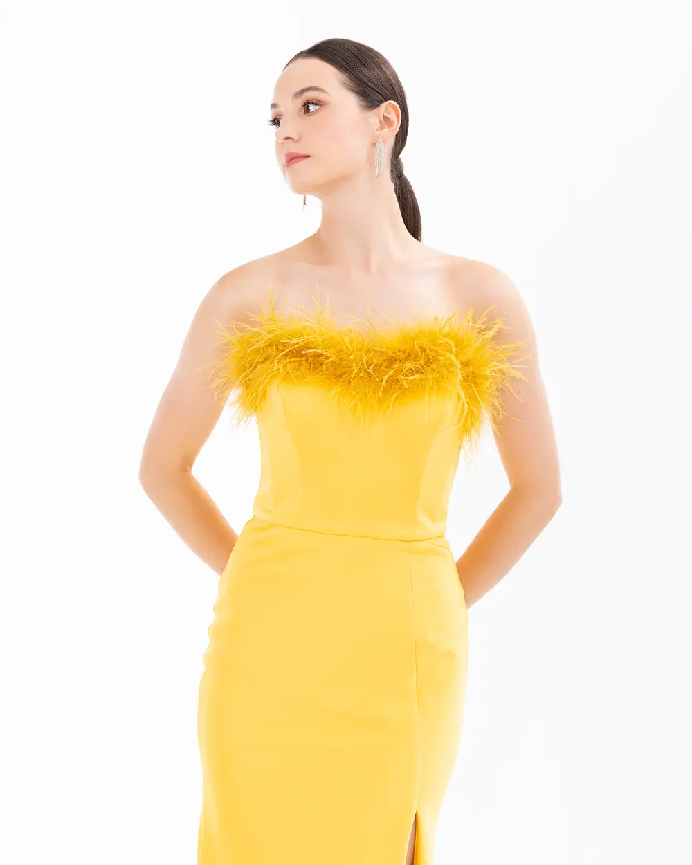 Strapless Feather Detailed Evening Dress