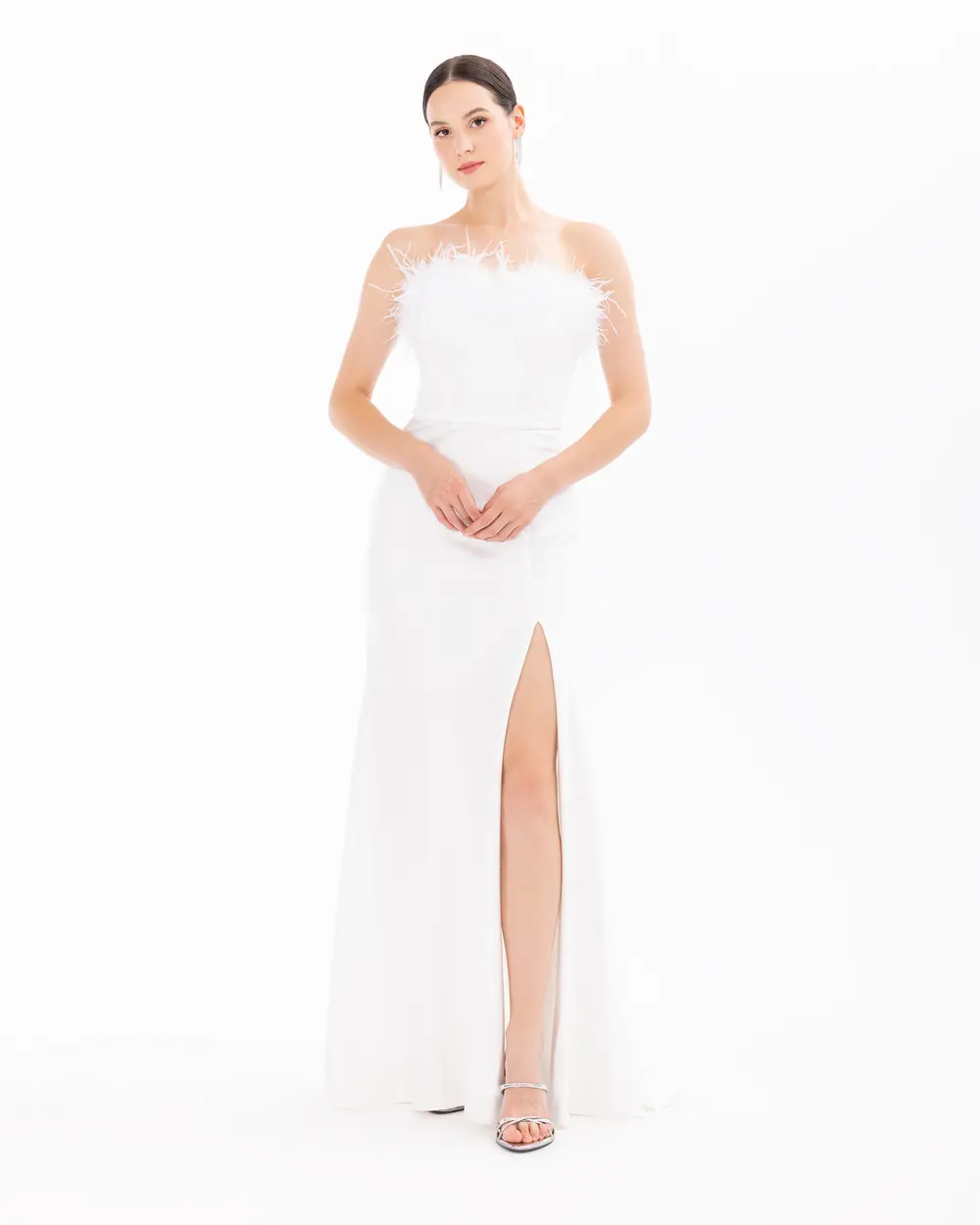 Strapless Feather Detailed Evening Dress