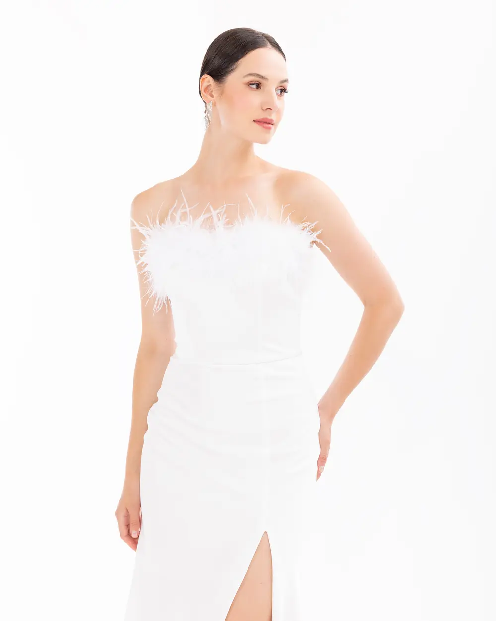 Strapless Feather Detailed Evening Dress