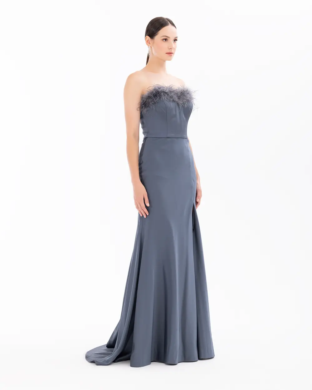 Strapless Feather Detailed Evening Dress