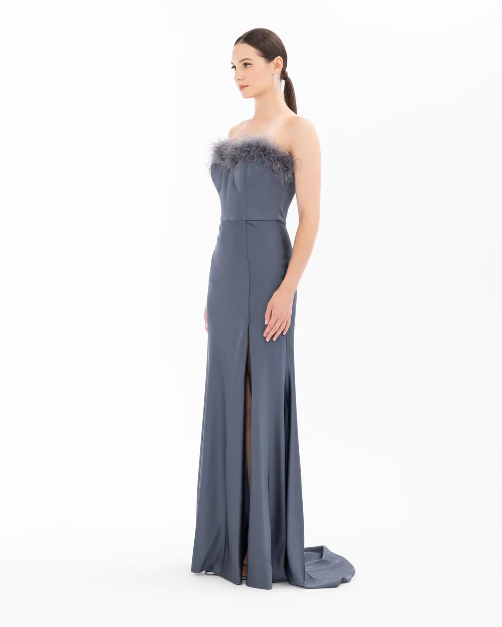 Strapless Feather Detailed Evening Dress