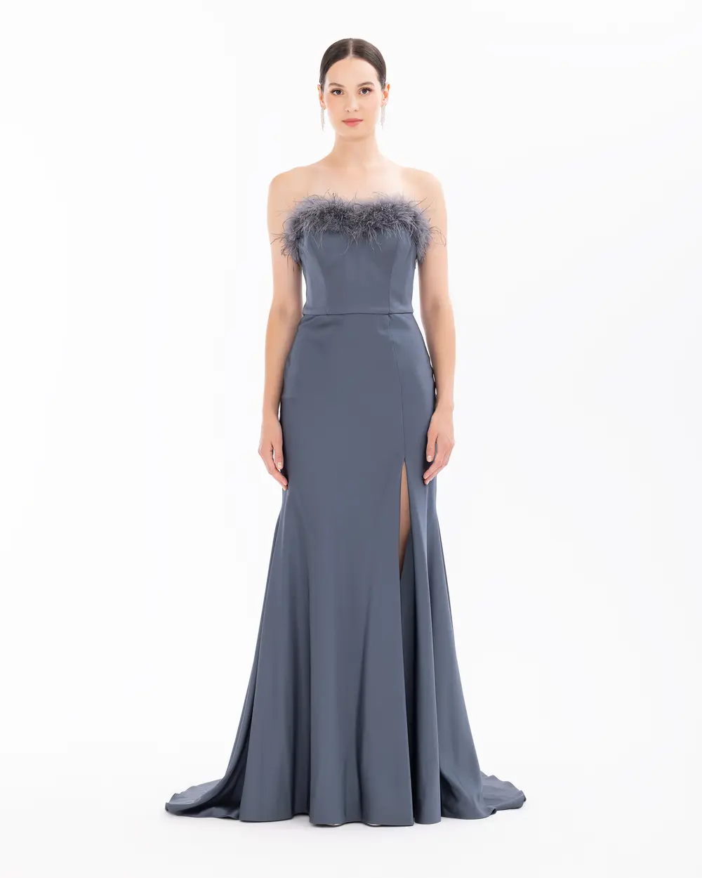 Strapless Feather Detailed Evening Dress