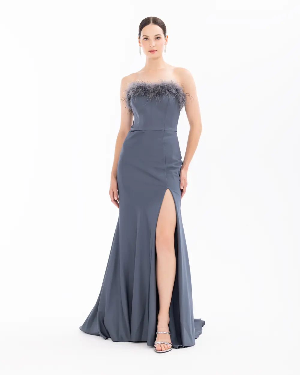 Strapless Feather Detailed Evening Dress