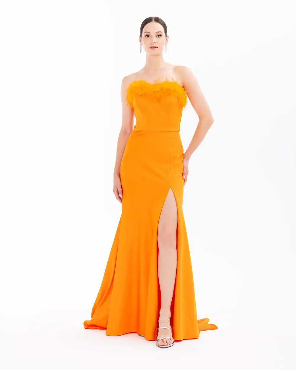 Strapless Feather Detailed Evening Dress