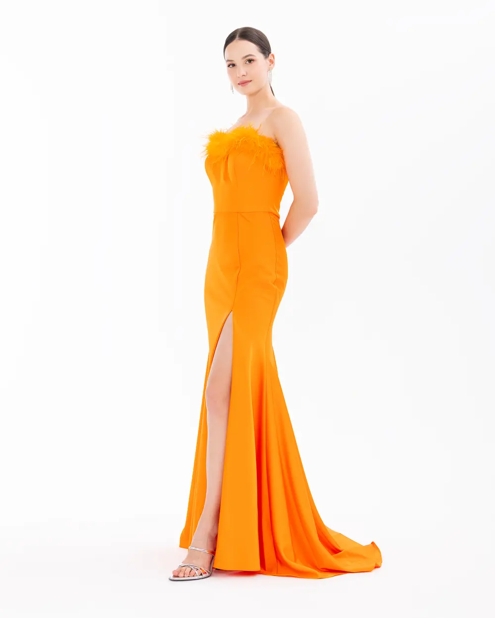 Strapless Feather Detailed Evening Dress