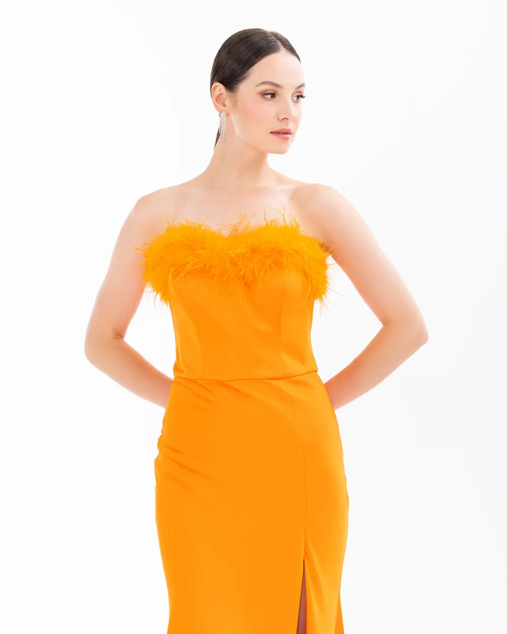 Strapless Feather Detailed Evening Dress