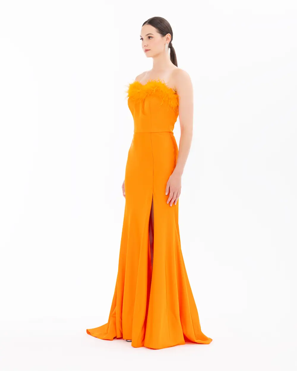 Strapless Feather Detailed Evening Dress