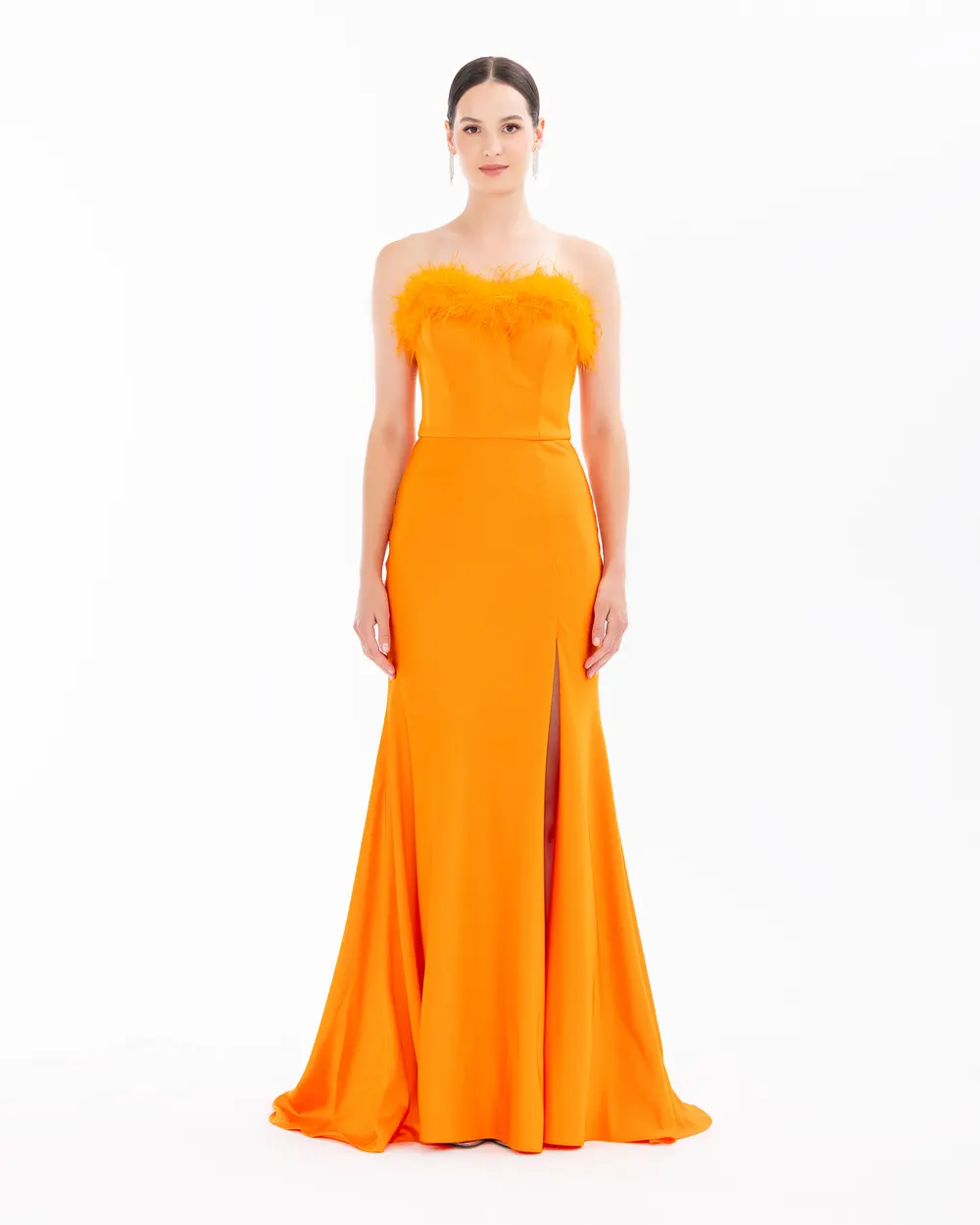 Strapless Feather Detailed Evening Dress