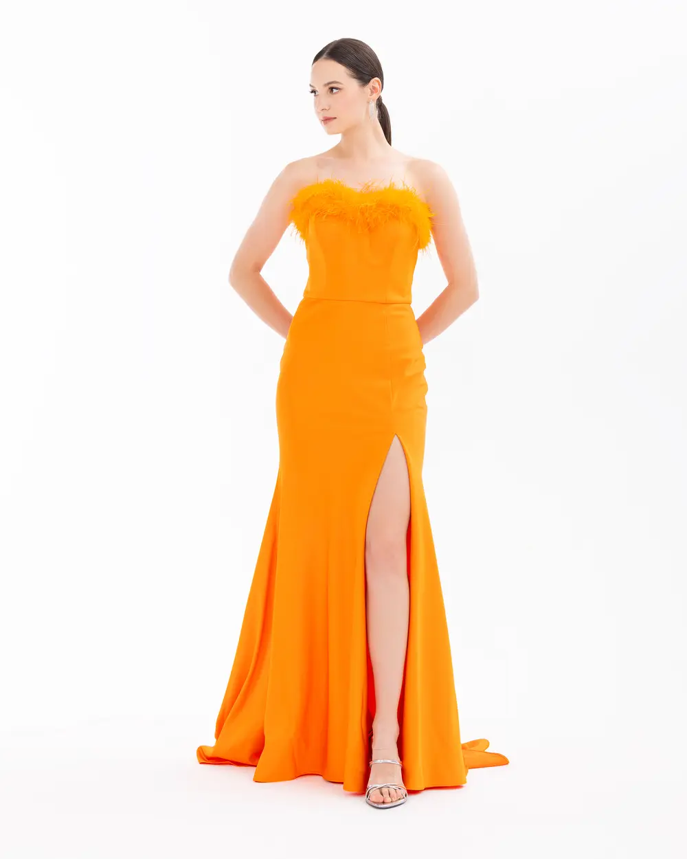 Strapless Feather Detailed Evening Dress