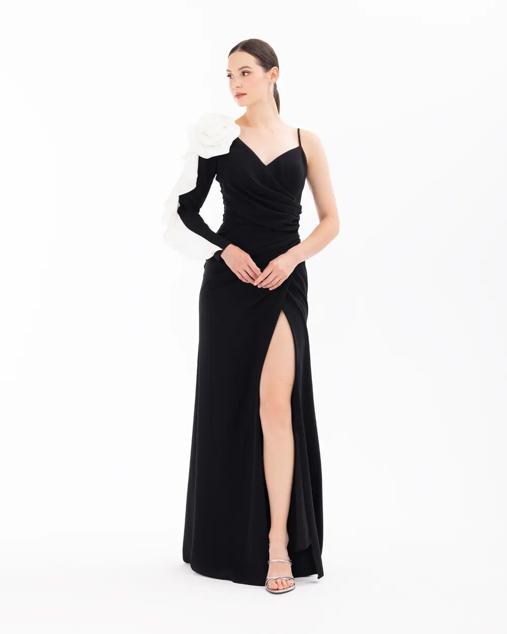 One Shoulder Evening Dress with Draped Accessories