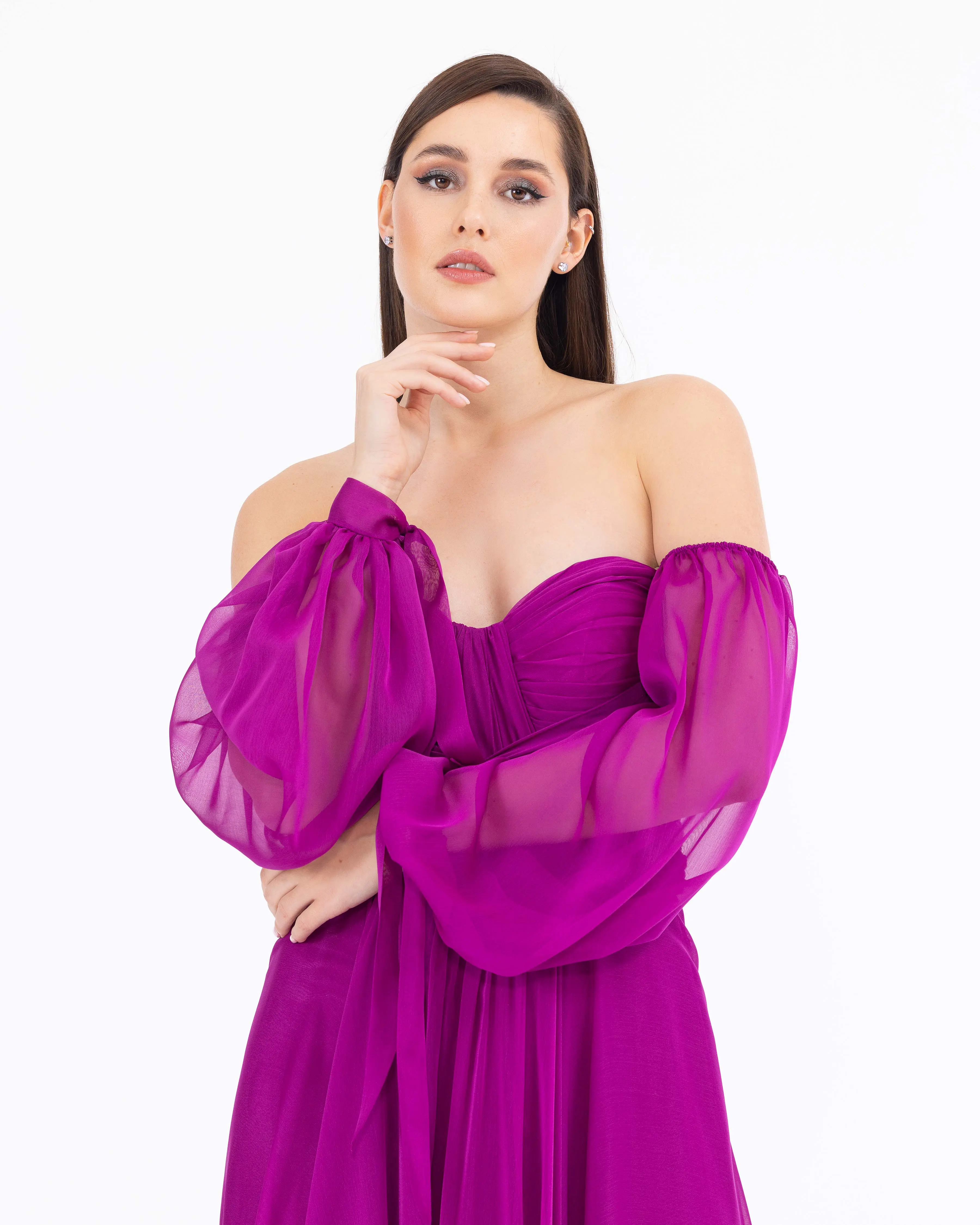 Kalp Yaka Çıkarılabilir Kollu Yırtmaçlı Abiye