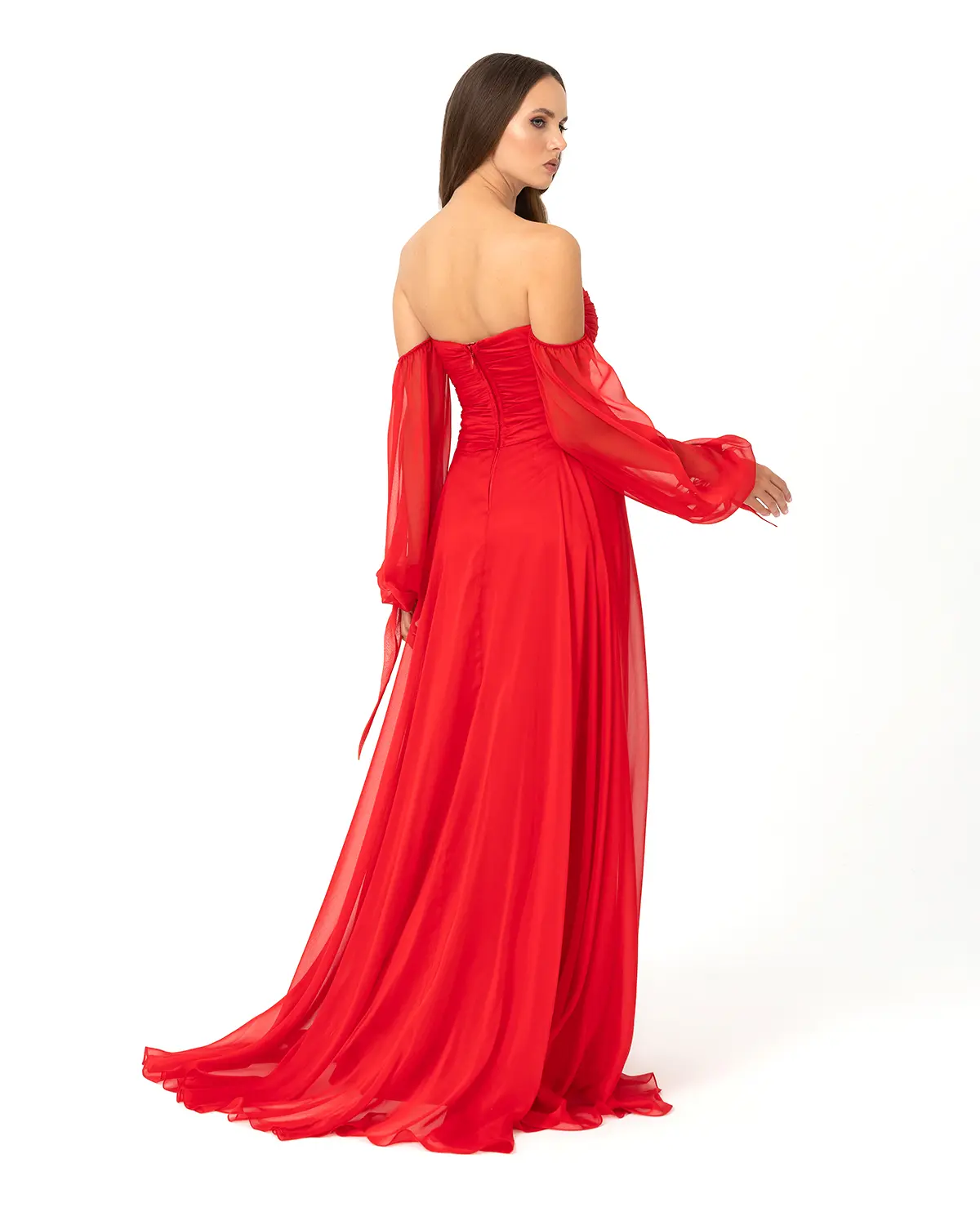 Kalp Yaka Çıkarılabilir Kollu Yırtmaçlı Abiye