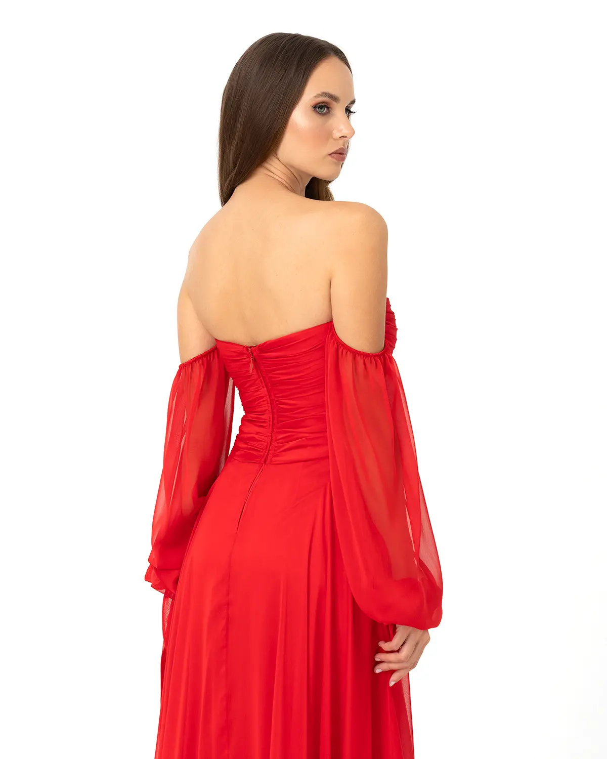 Kalp Yaka Çıkarılabilir Kollu Yırtmaçlı Abiye