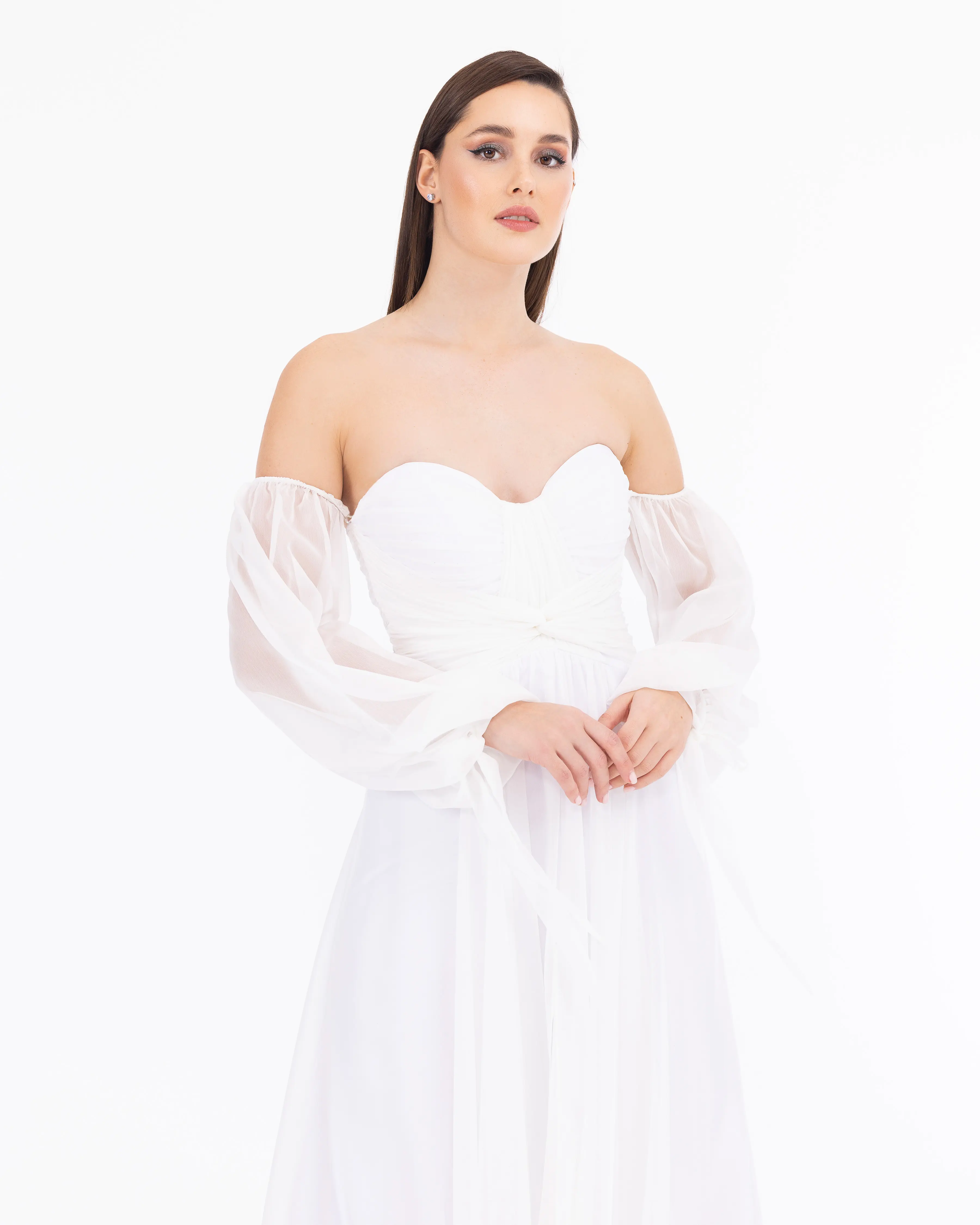 Kalp Yaka Çıkarılabilir Kollu Yırtmaçlı Abiye