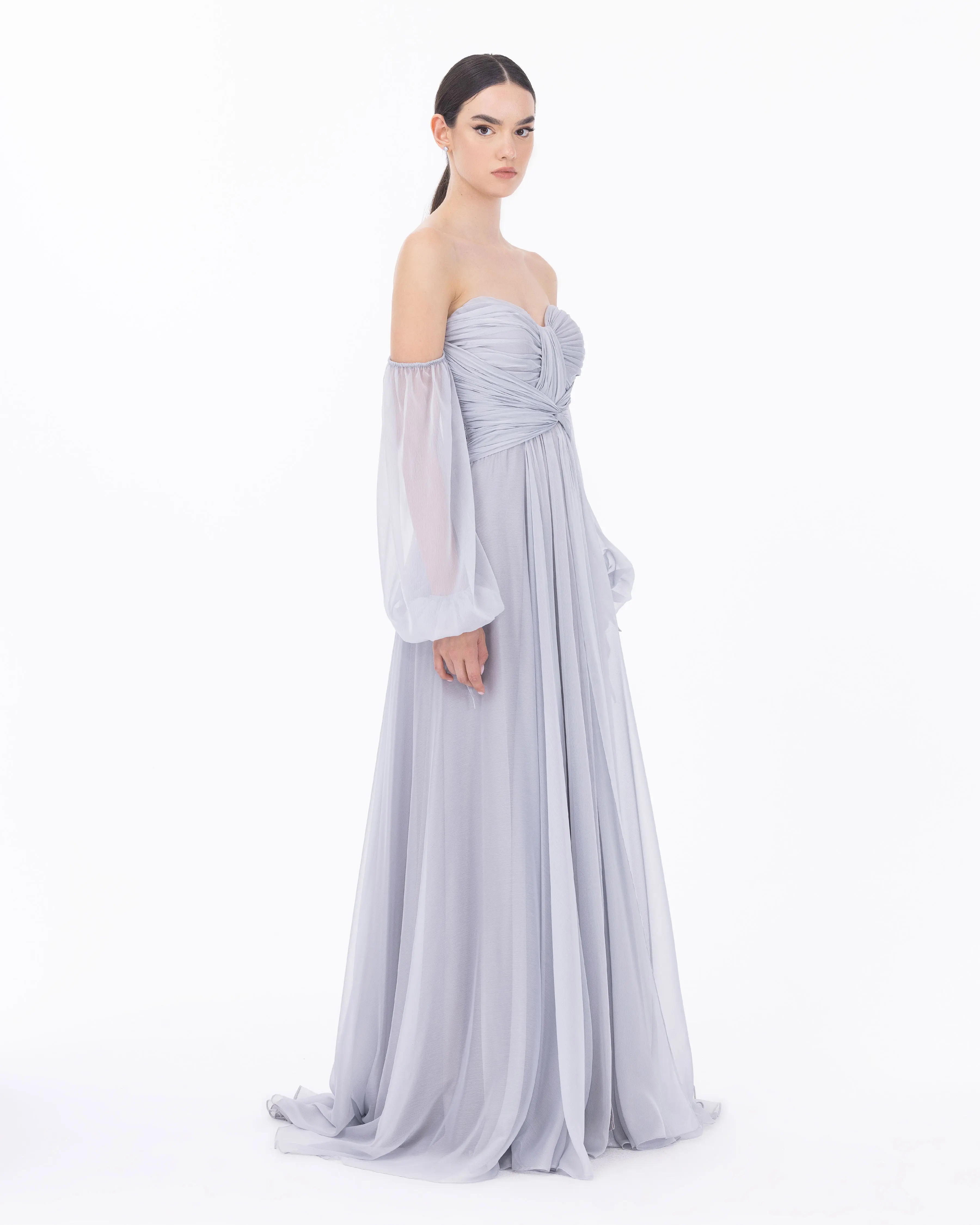 Kalp Yaka Çıkarılabilir Kollu Yırtmaçlı Abiye