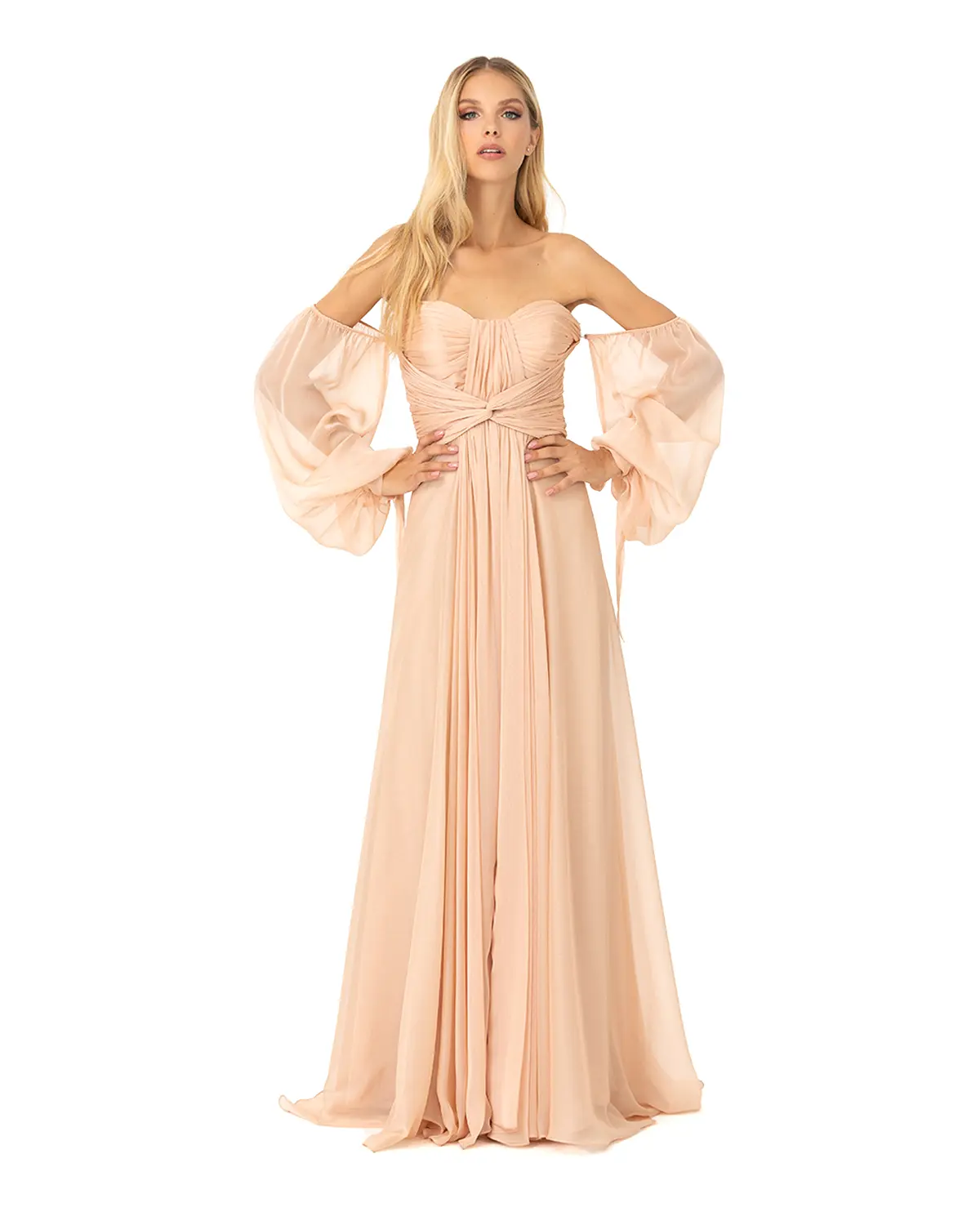 Kalp Yaka Çıkarılabilir Kollu Yırtmaçlı Abiye