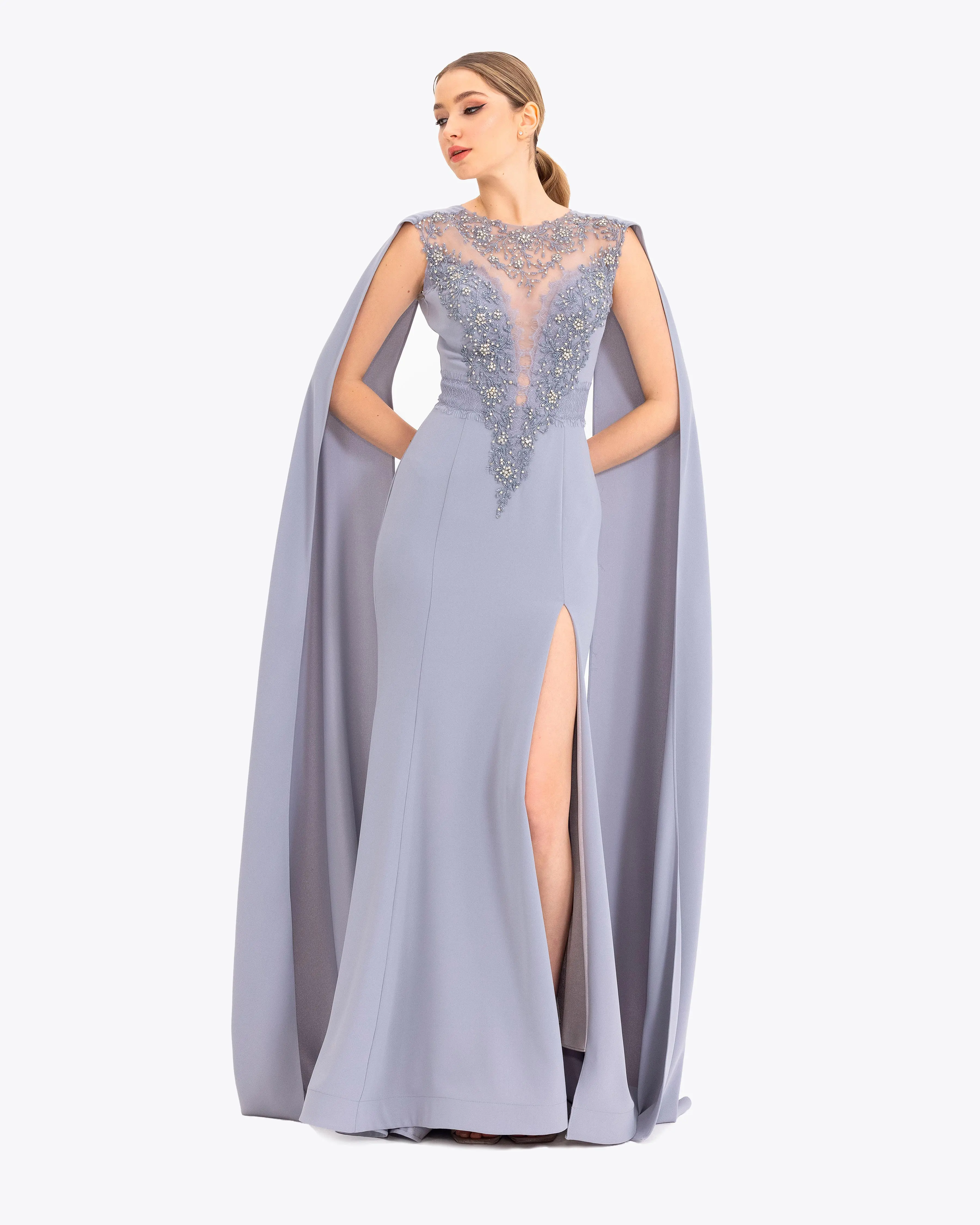 Crepe Fabric Evening Dress with Indian Accessories