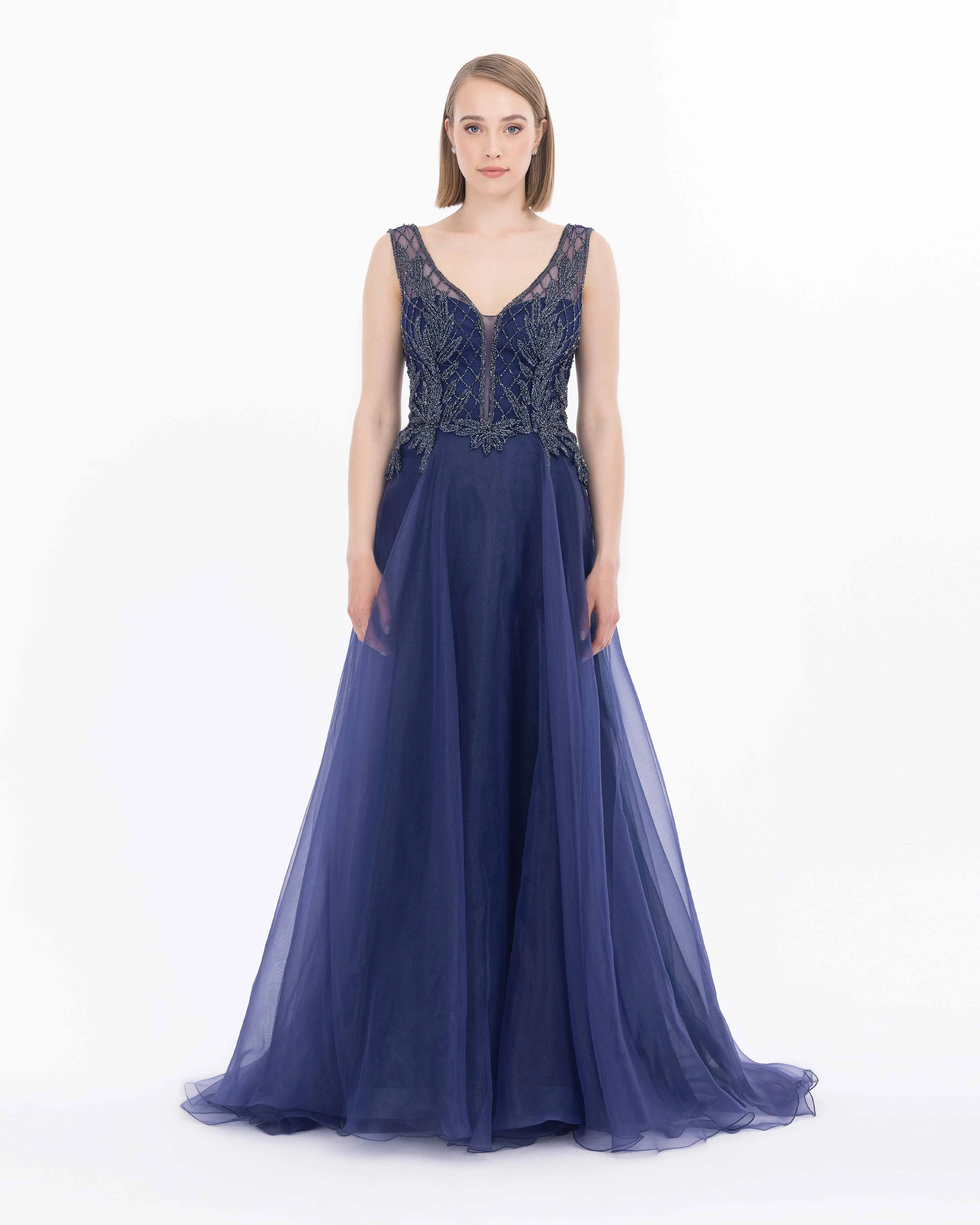 Organza Fabric A Form Evening Dress with Indian Accessories