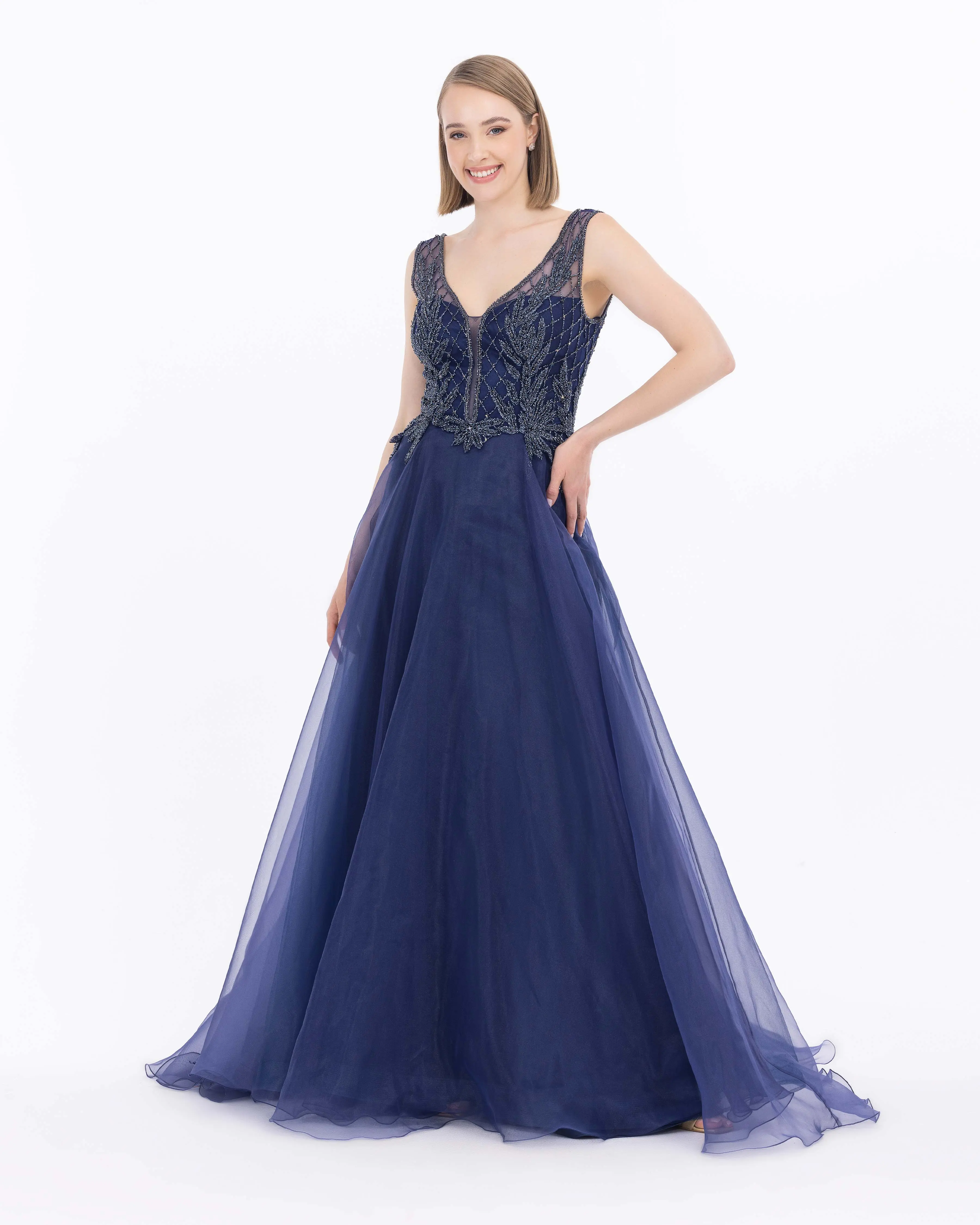Organza Fabric A Form Evening Dress with Indian Accessories