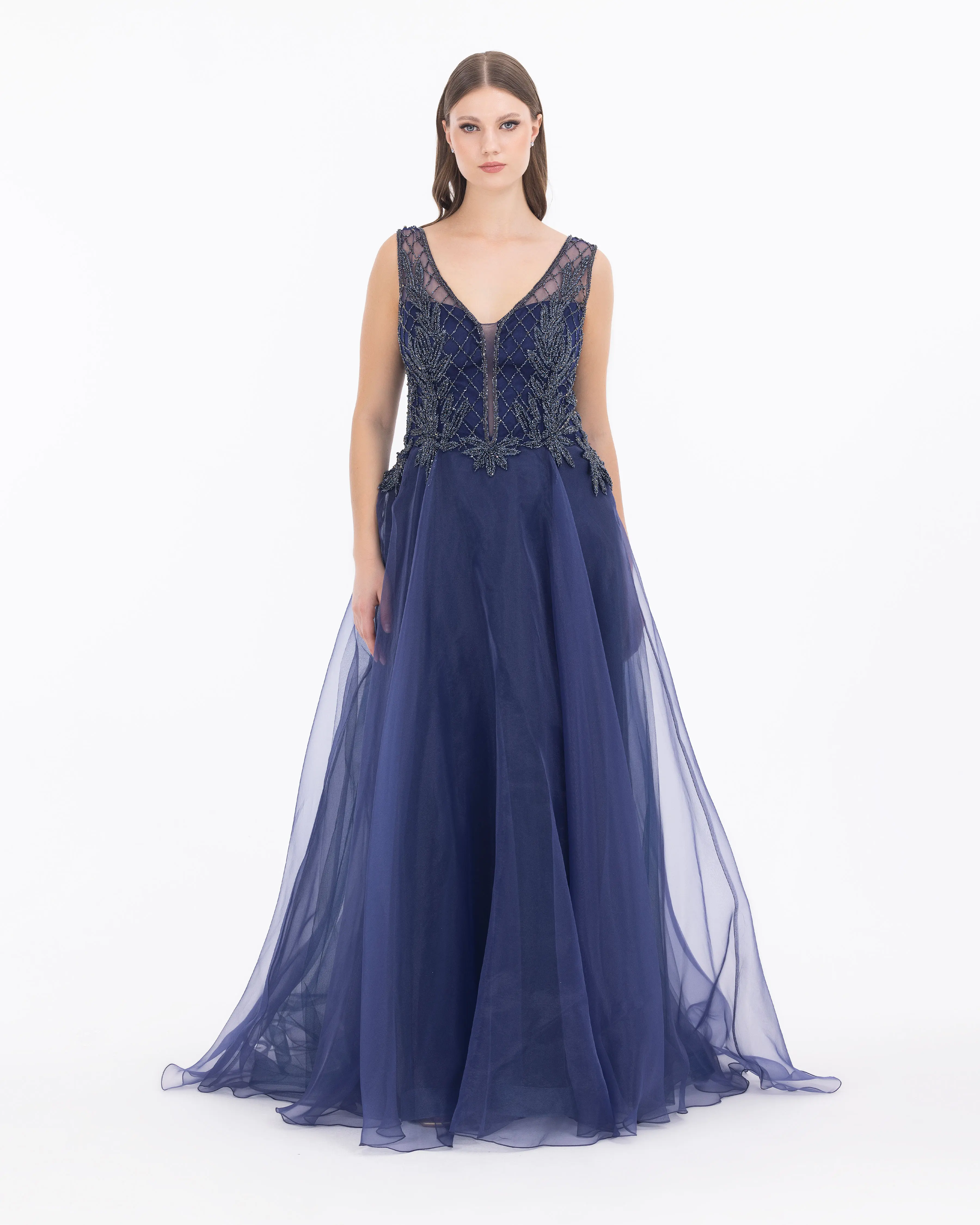 Organza Fabric A Form Evening Dress with Indian Accessories