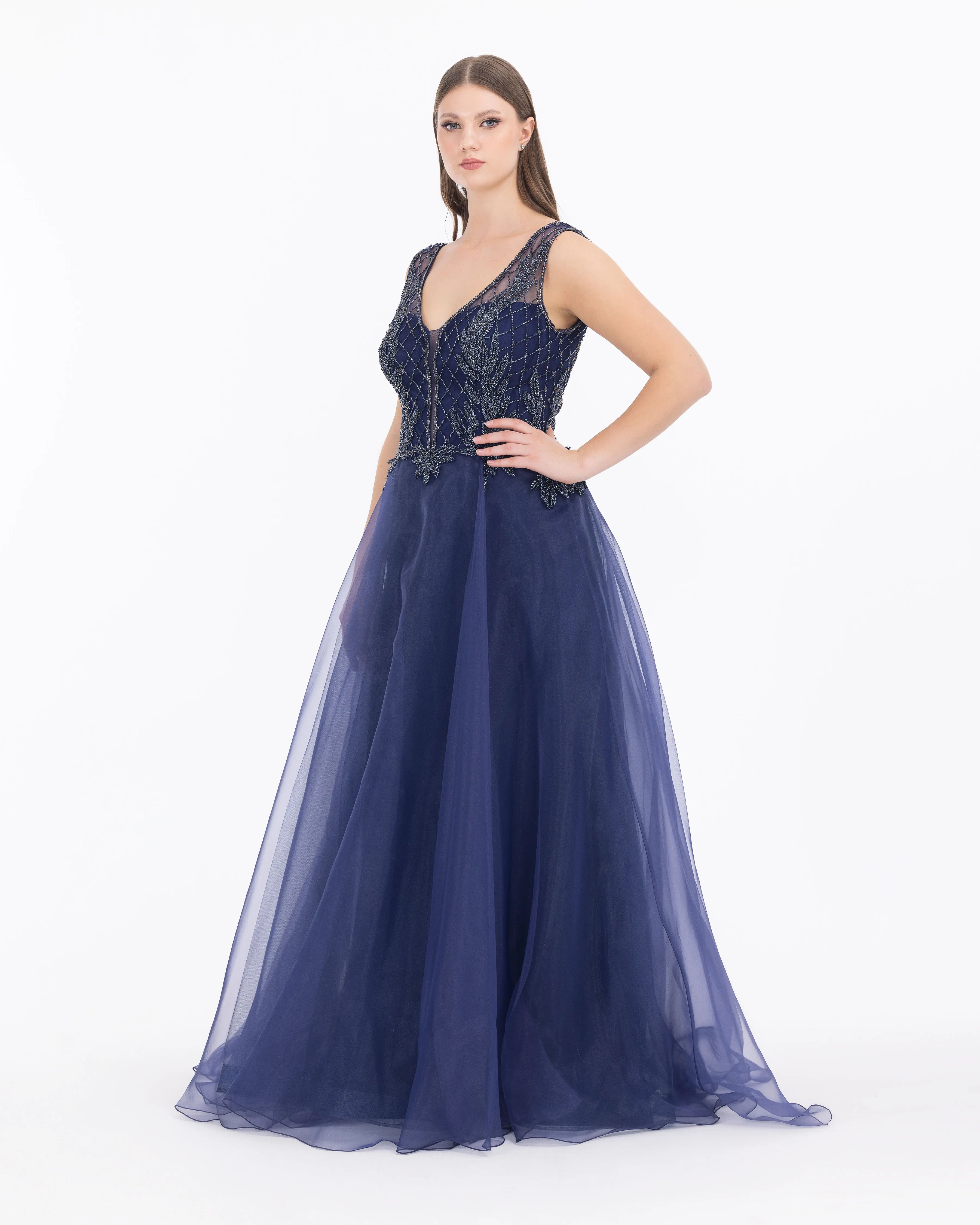 Organza Fabric A Form Evening Dress with Indian Accessories
