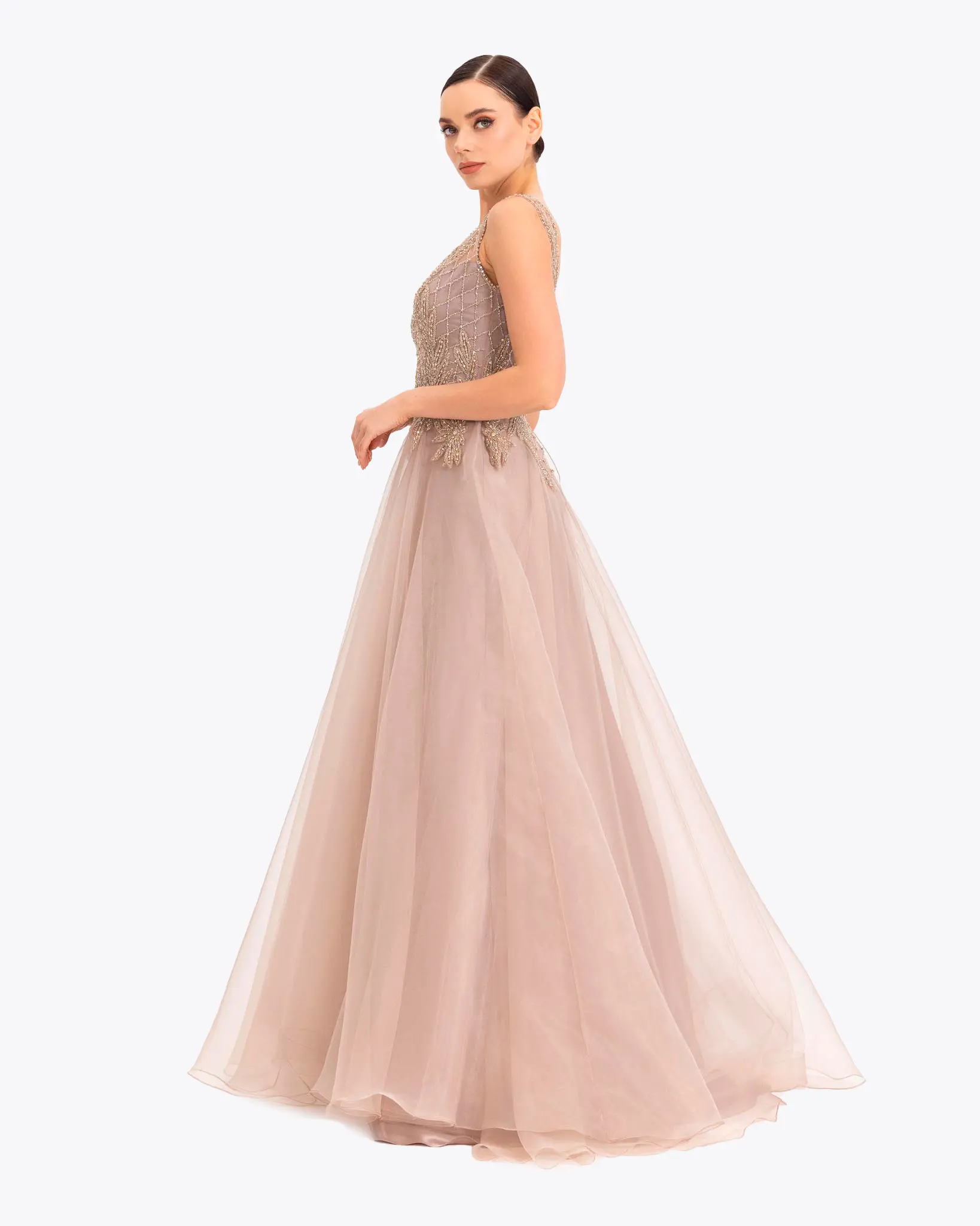 Organza Fabric A Form Evening Dress with Indian Accessories
