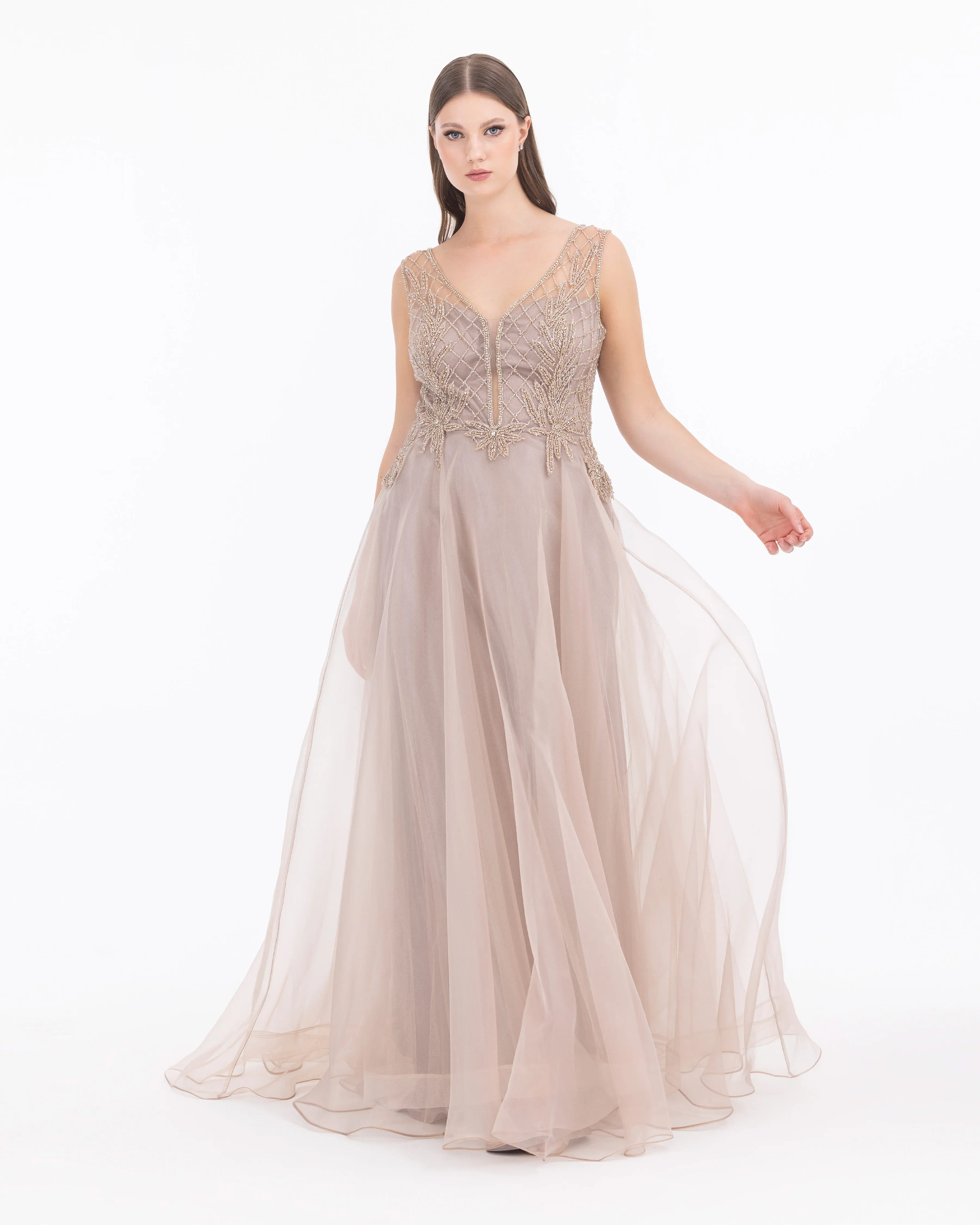 Organza Fabric A Form Evening Dress with Indian Accessories