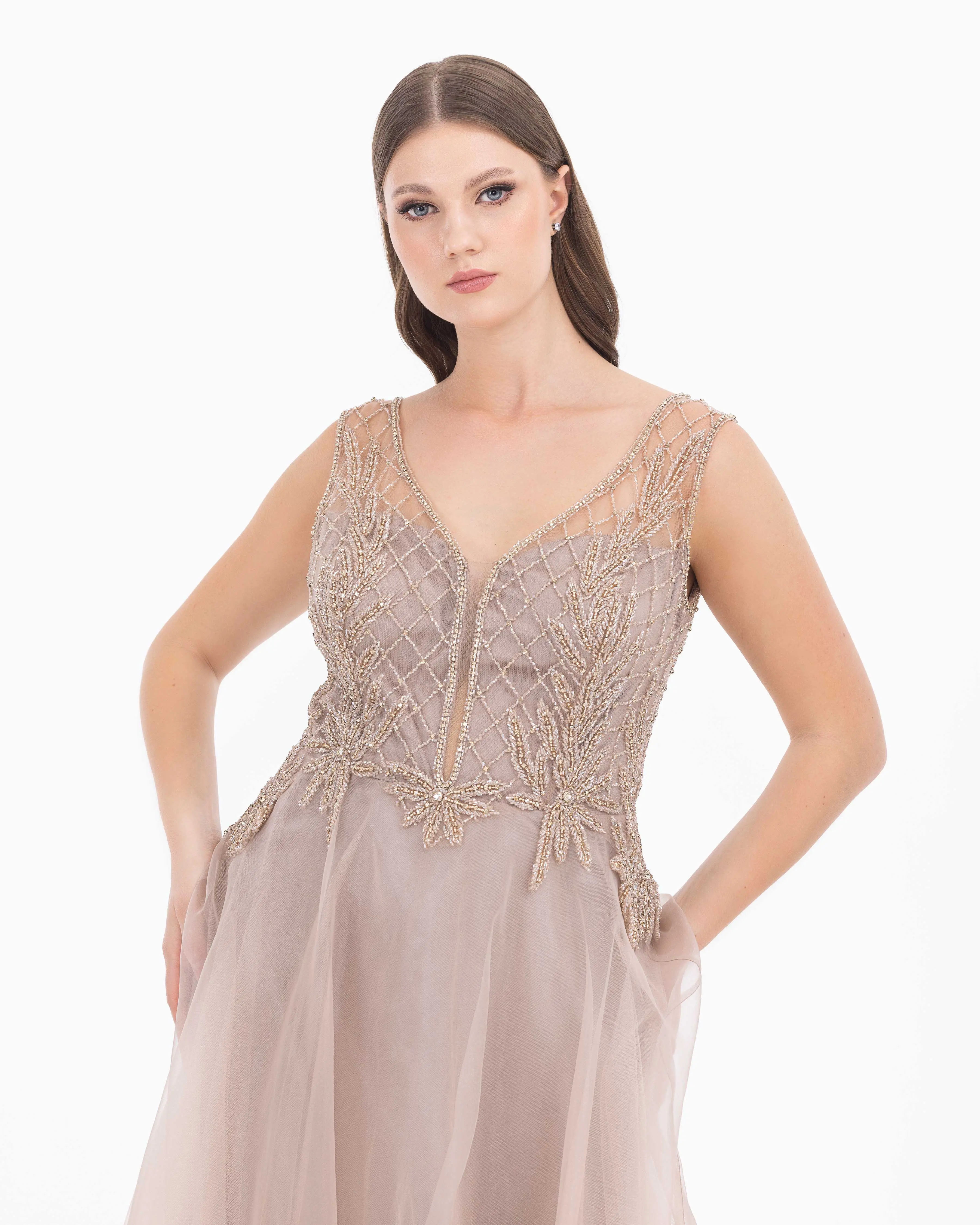 Organza Fabric A Form Evening Dress with Indian Accessories