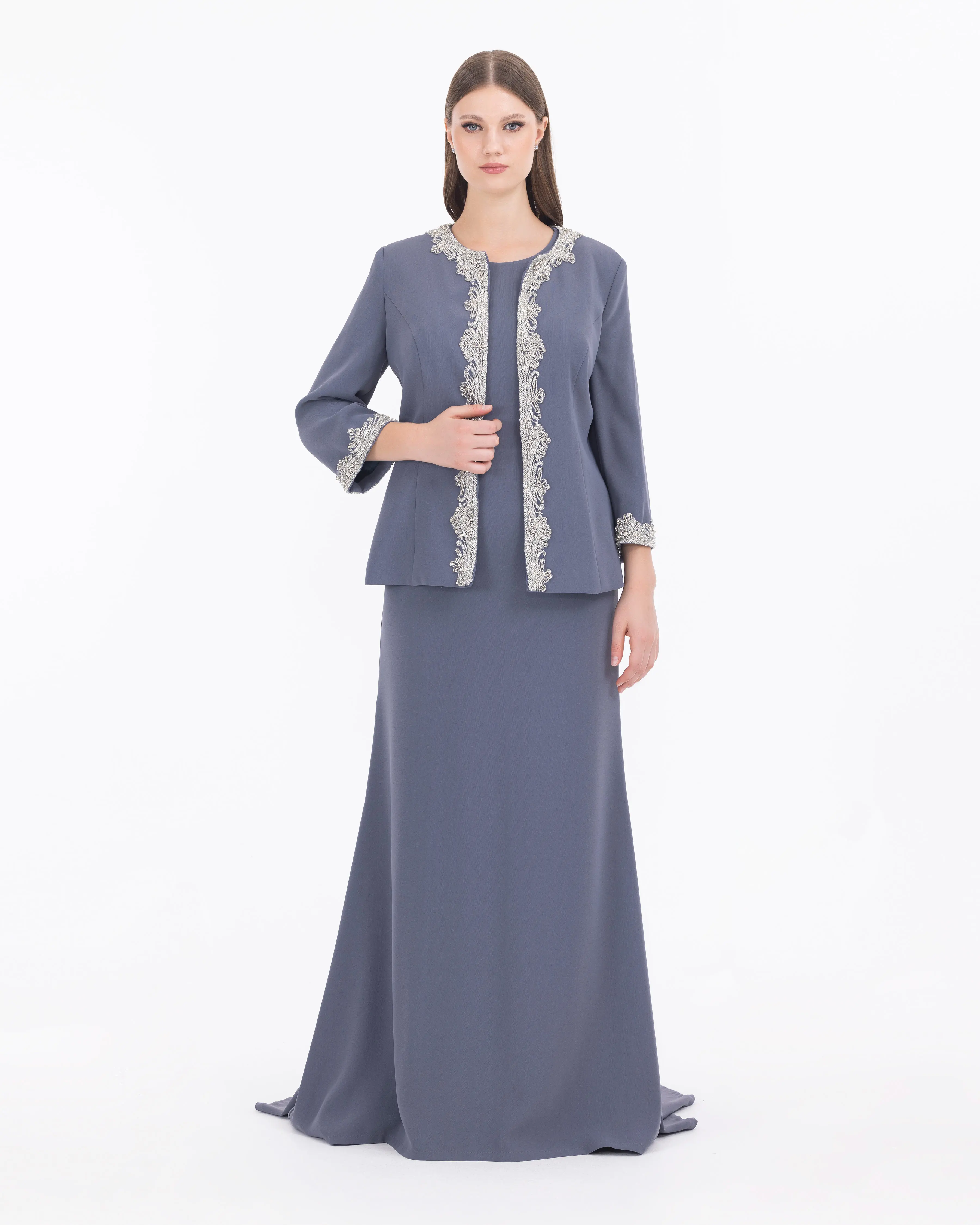 Crepe Fabric Two Piece Evening Dress with Indian Accessories
