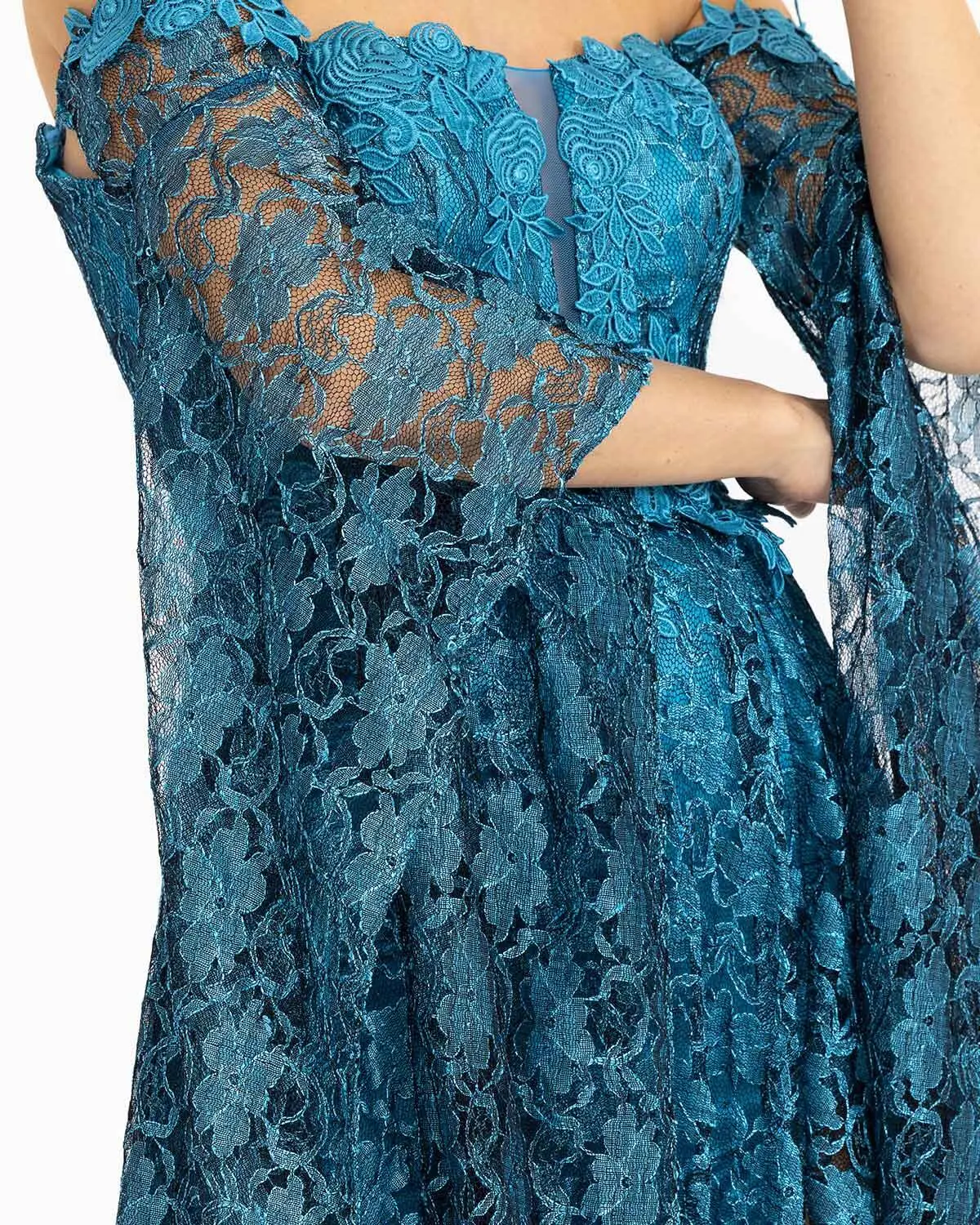 Straplez Uzun Kol Dantel Abiye