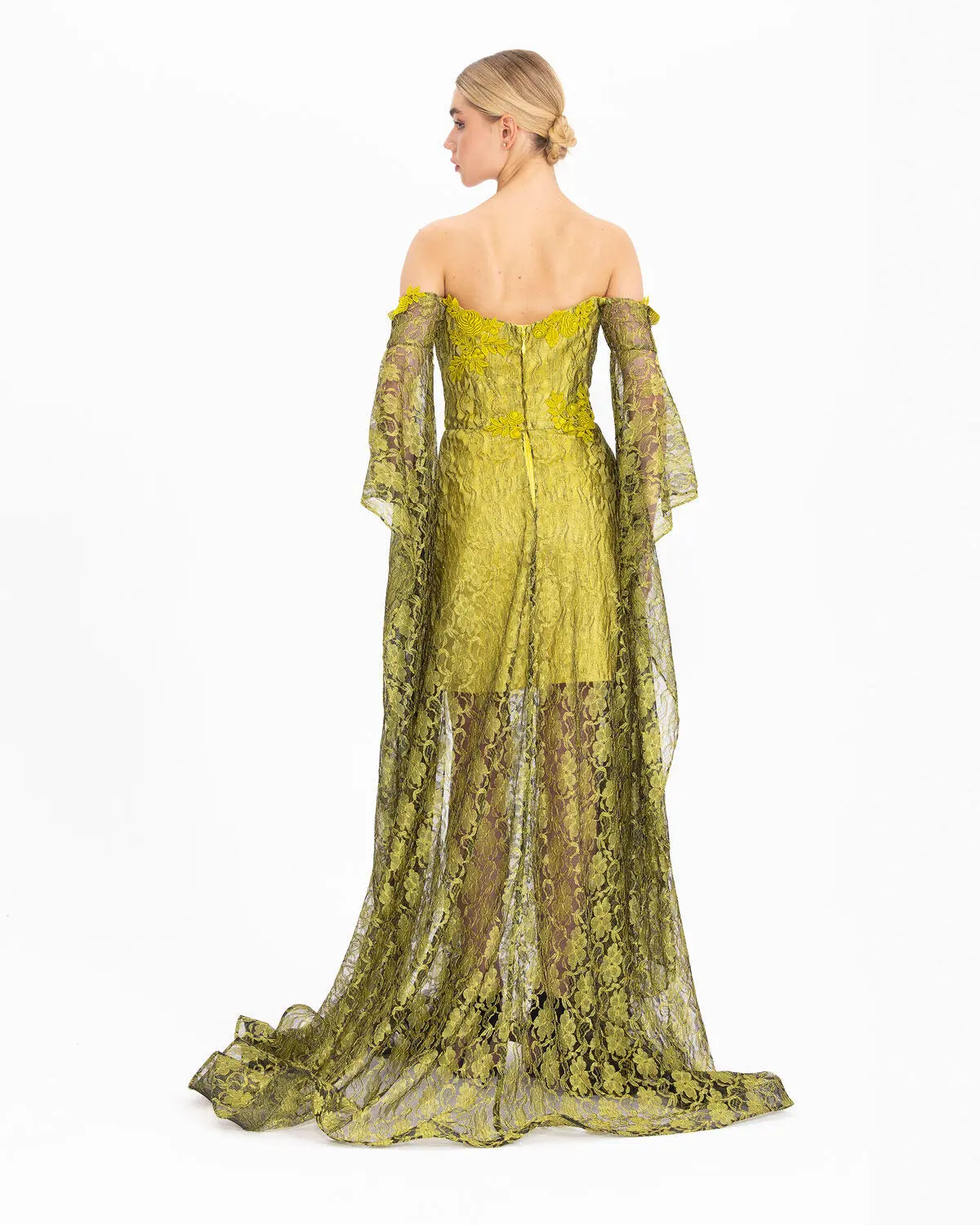 Straplez Uzun Kol Dantel Abiye