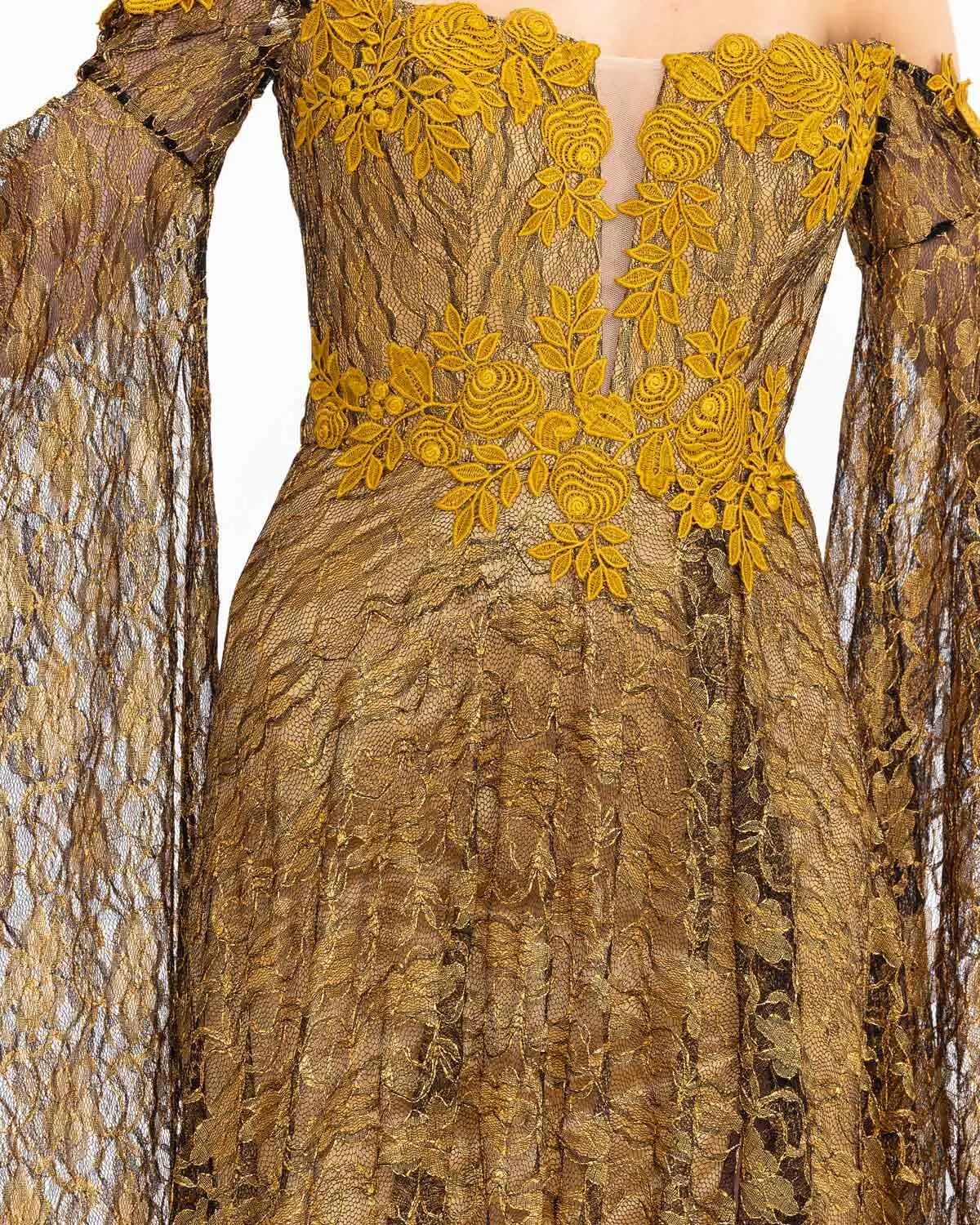 Straplez Uzun Kol Dantel Abiye