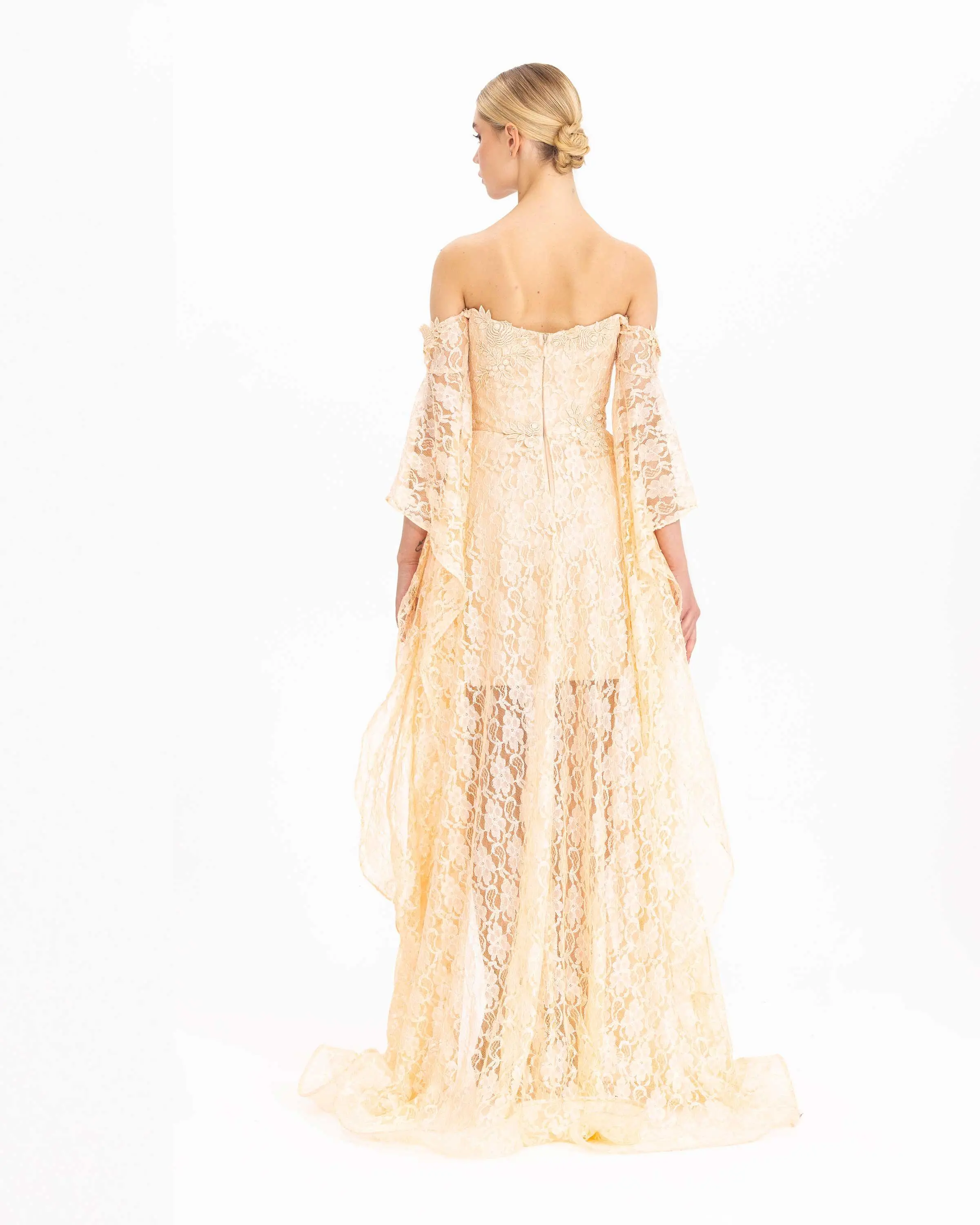 Straplez Uzun Kol Dantel Abiye