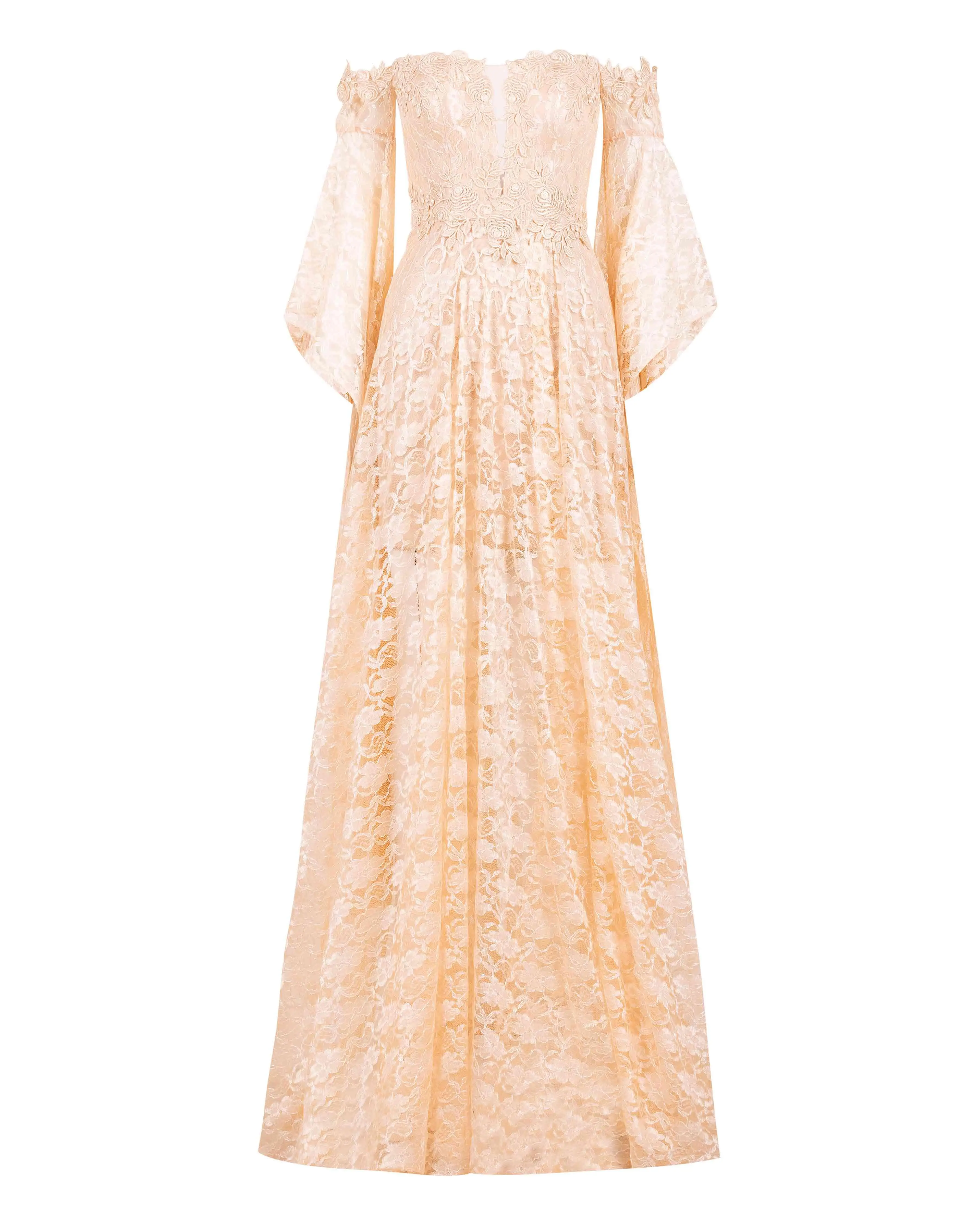 Straplez Uzun Kol Dantel Abiye