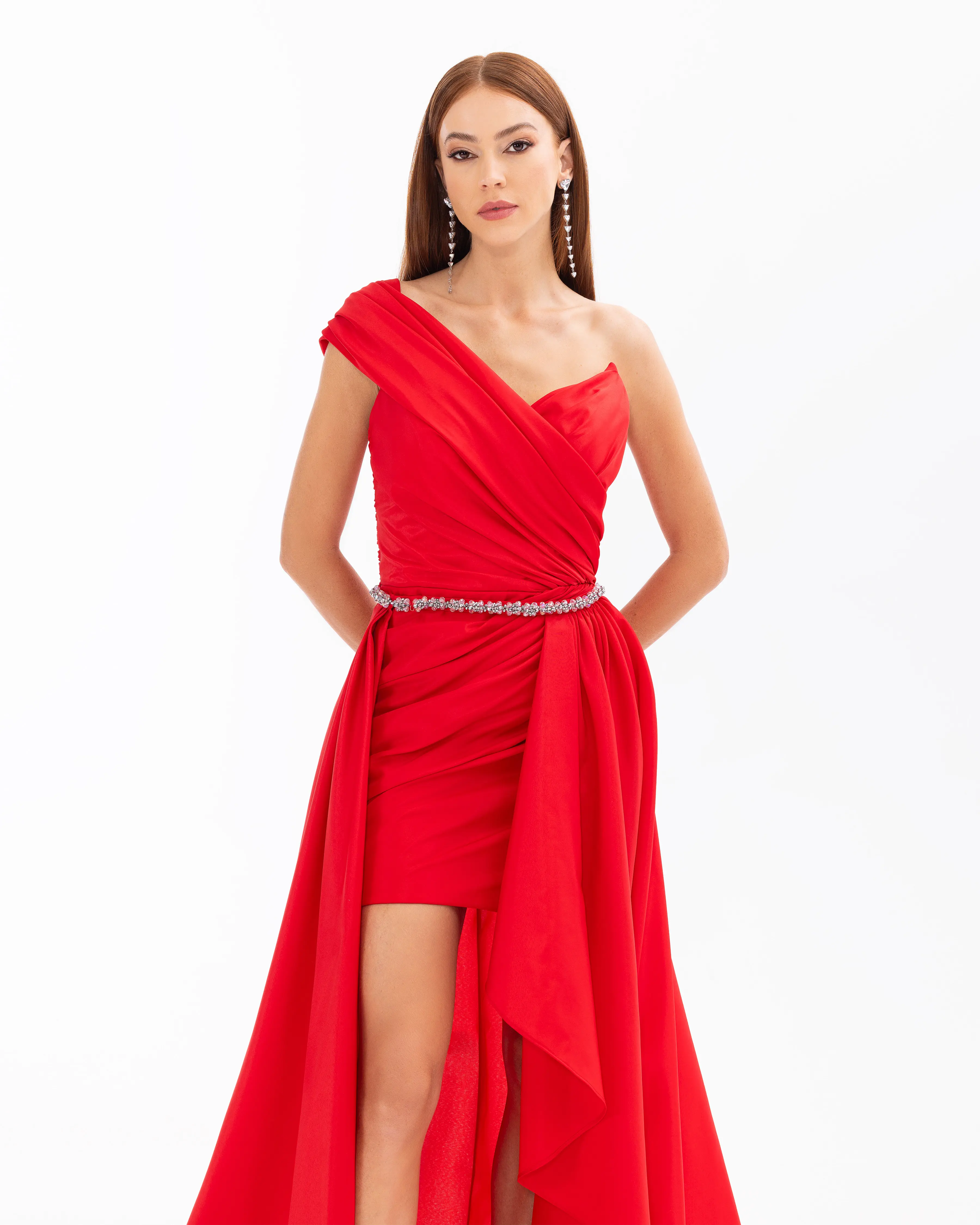 Swallow Neck Evening Dress with Removable Skirt and Belt