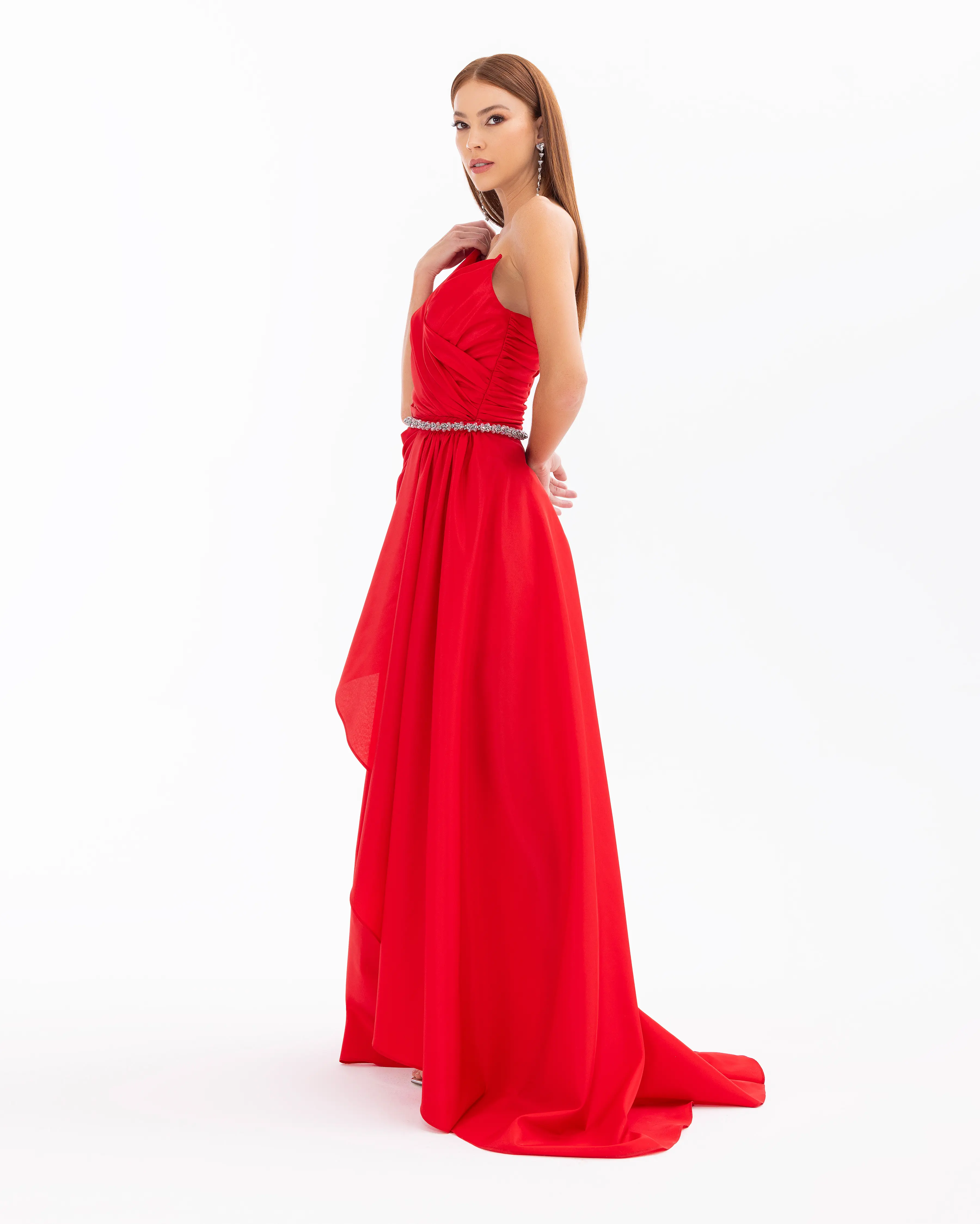 Swallow Neck Evening Dress with Removable Skirt and Belt