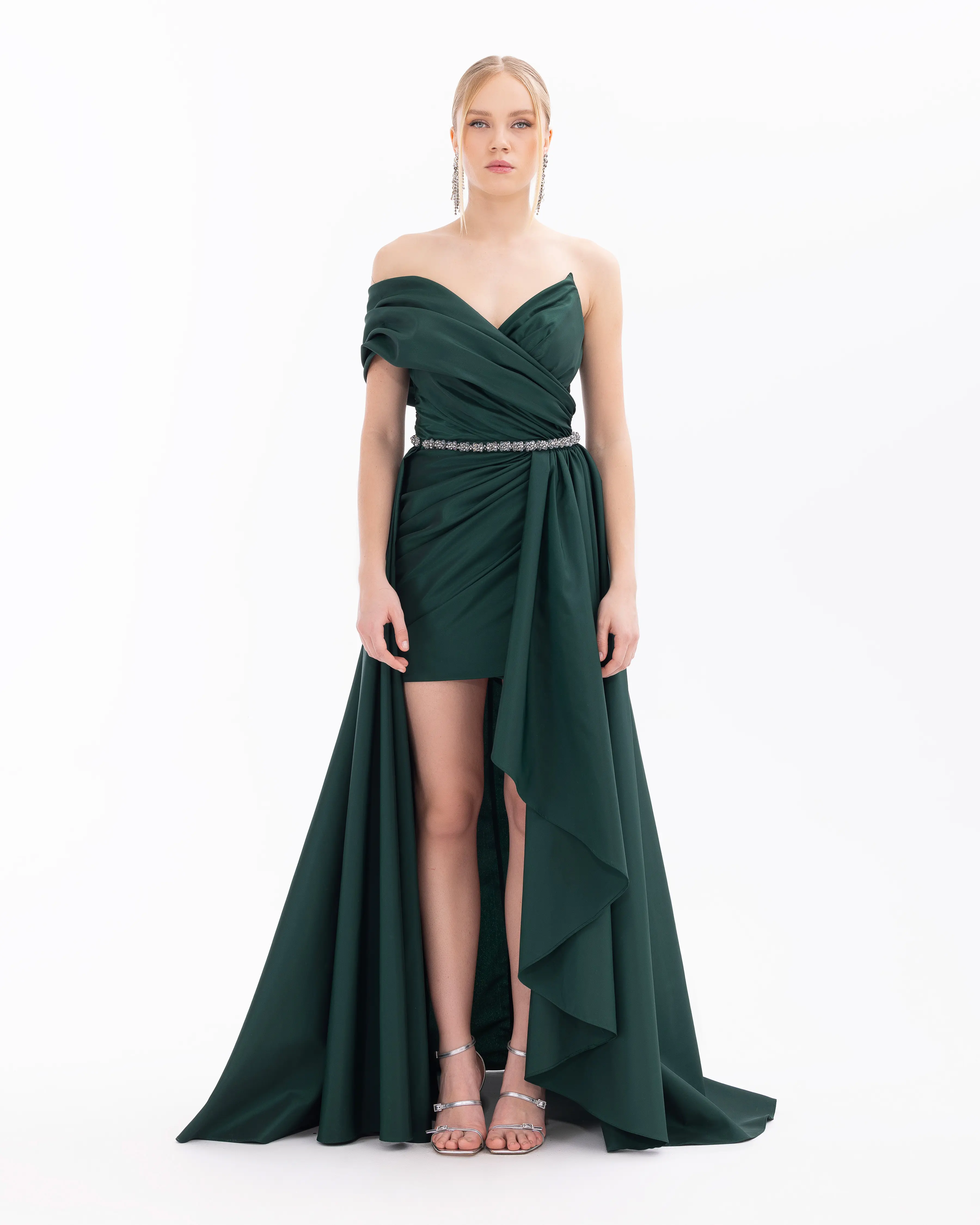 Swallow Neck Evening Dress with Removable Skirt and Belt