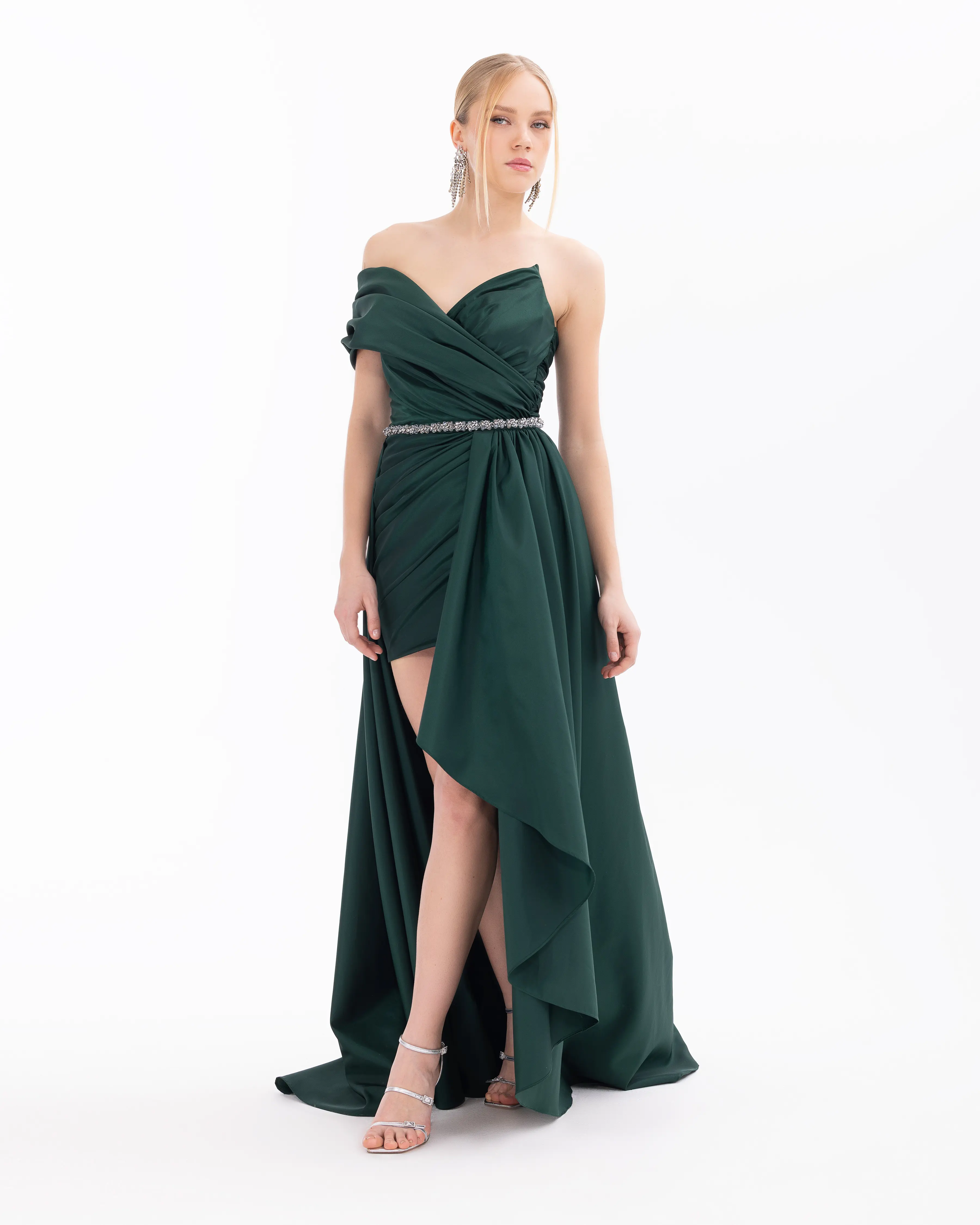 Swallow Neck Evening Dress with Removable Skirt and Belt