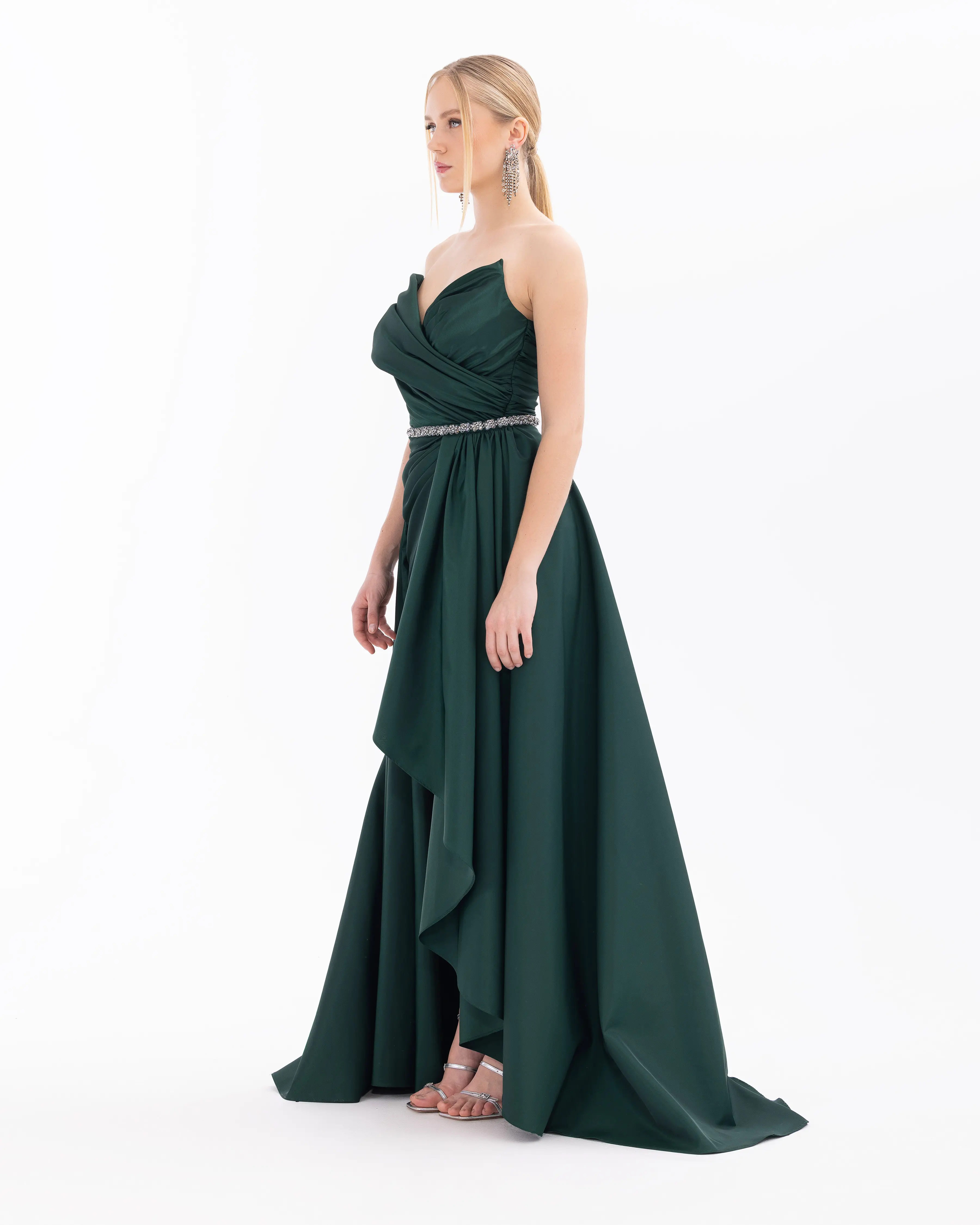 Swallow Neck Evening Dress with Removable Skirt and Belt