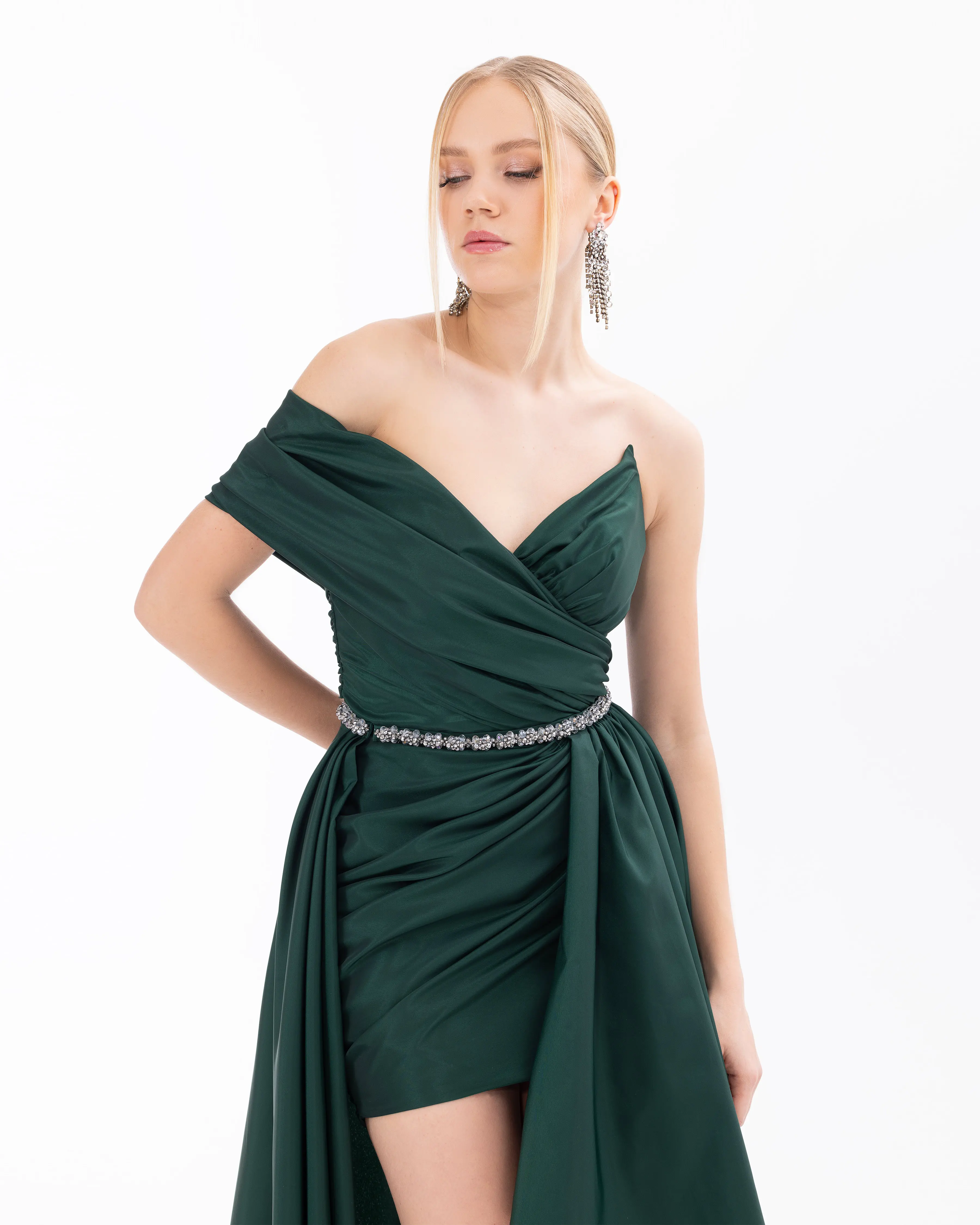 Swallow Neck Evening Dress with Removable Skirt and Belt