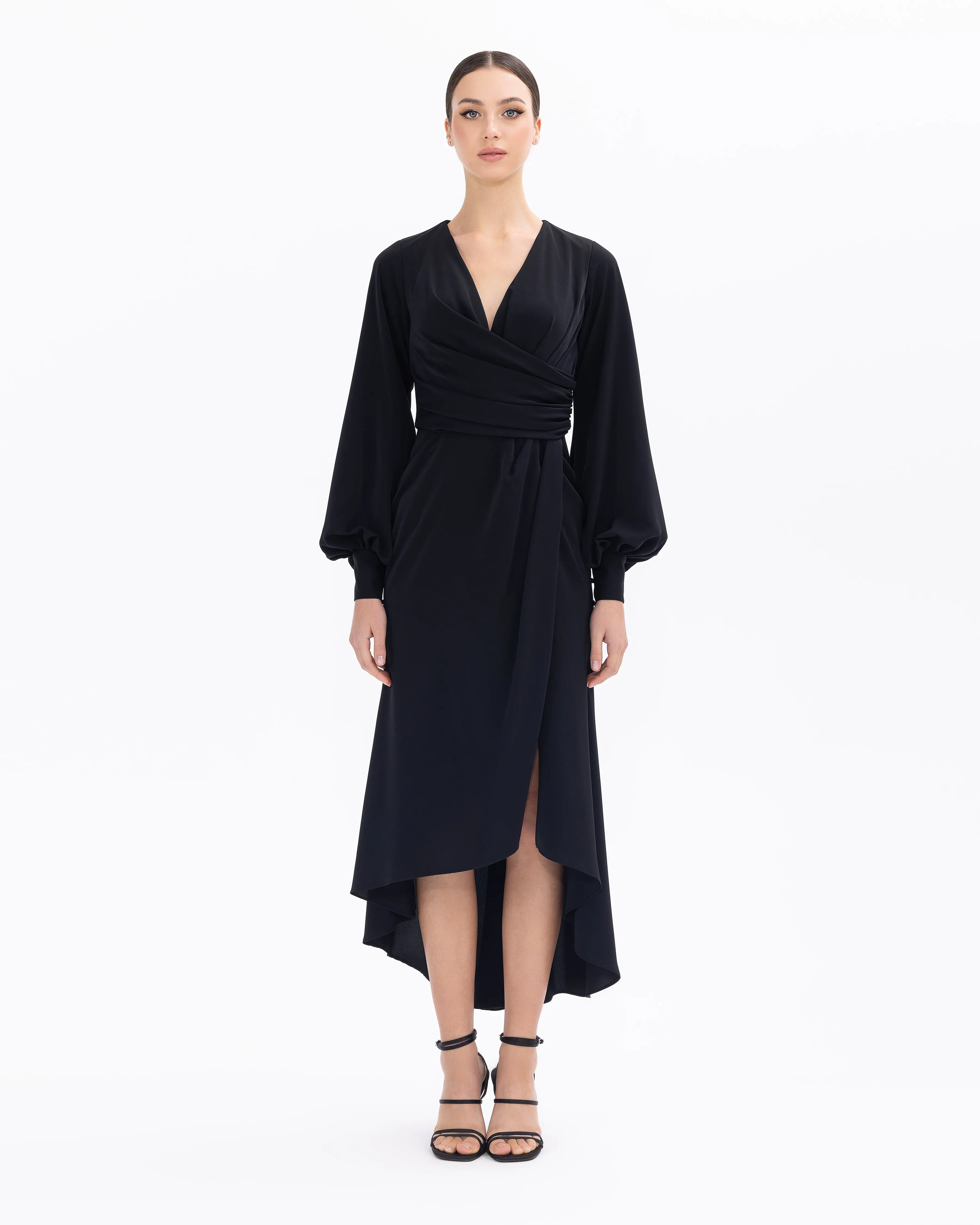Draped Double-breasted Collar Midi Length Evening Dress